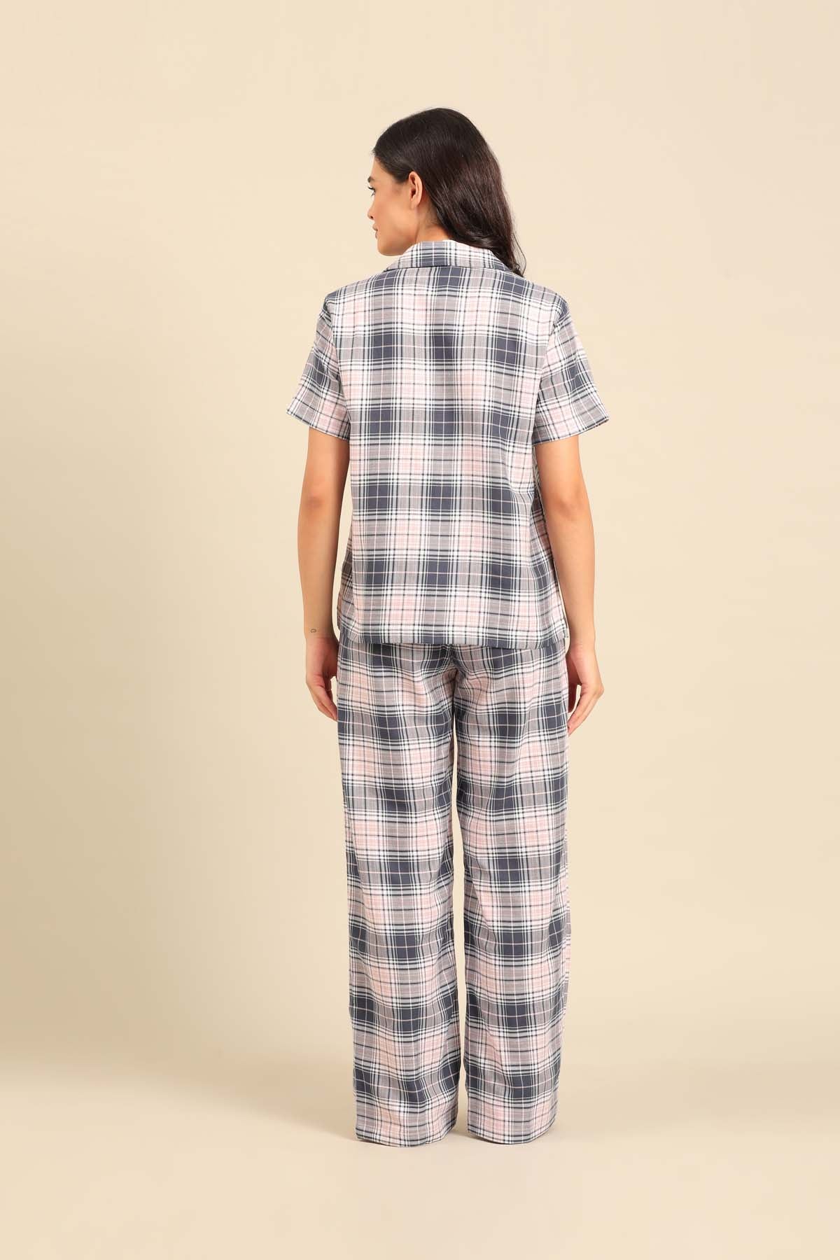 Maisie Check Cotton Twill Women's Pajama Set - Half Sleeves
