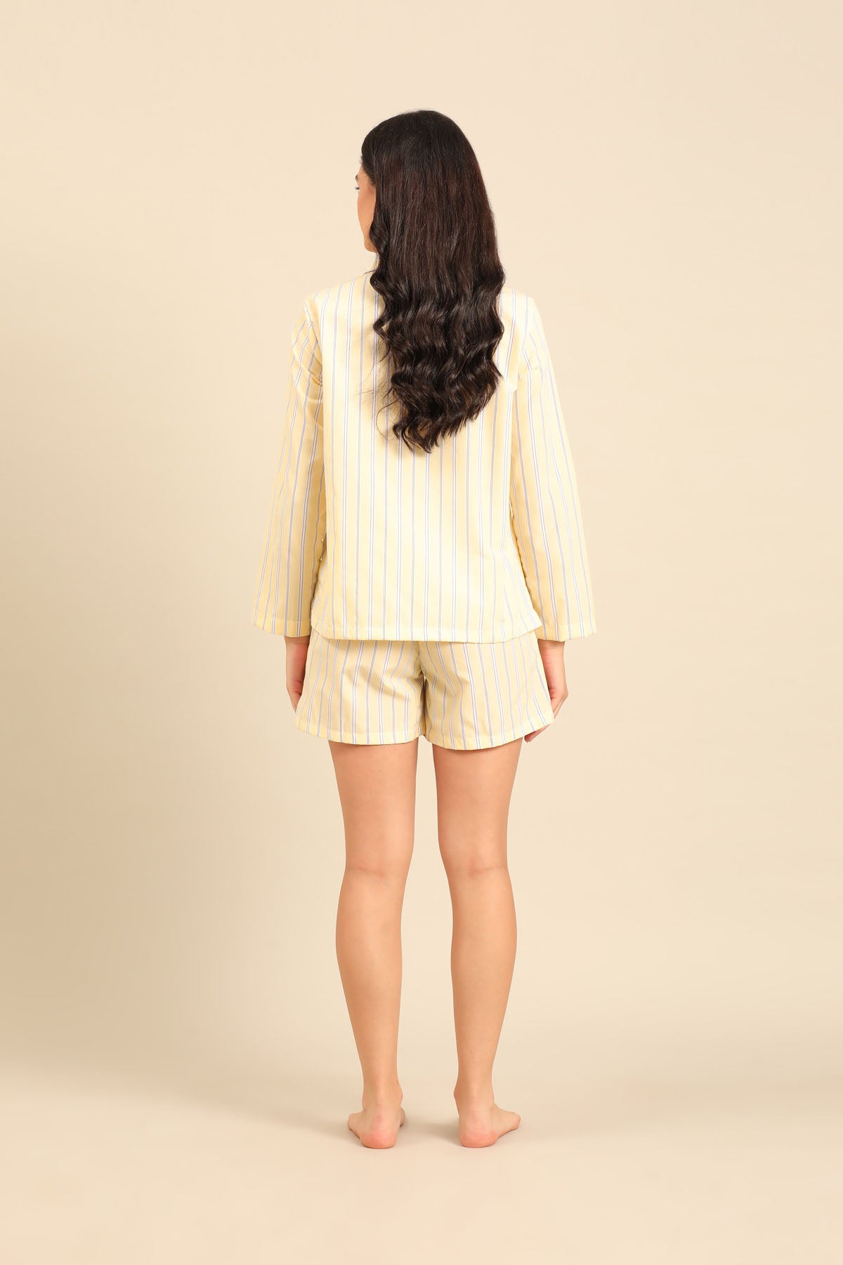 Butter Yellow Stripe Cotton Blend Women's Shorts Set - Full Sleeves