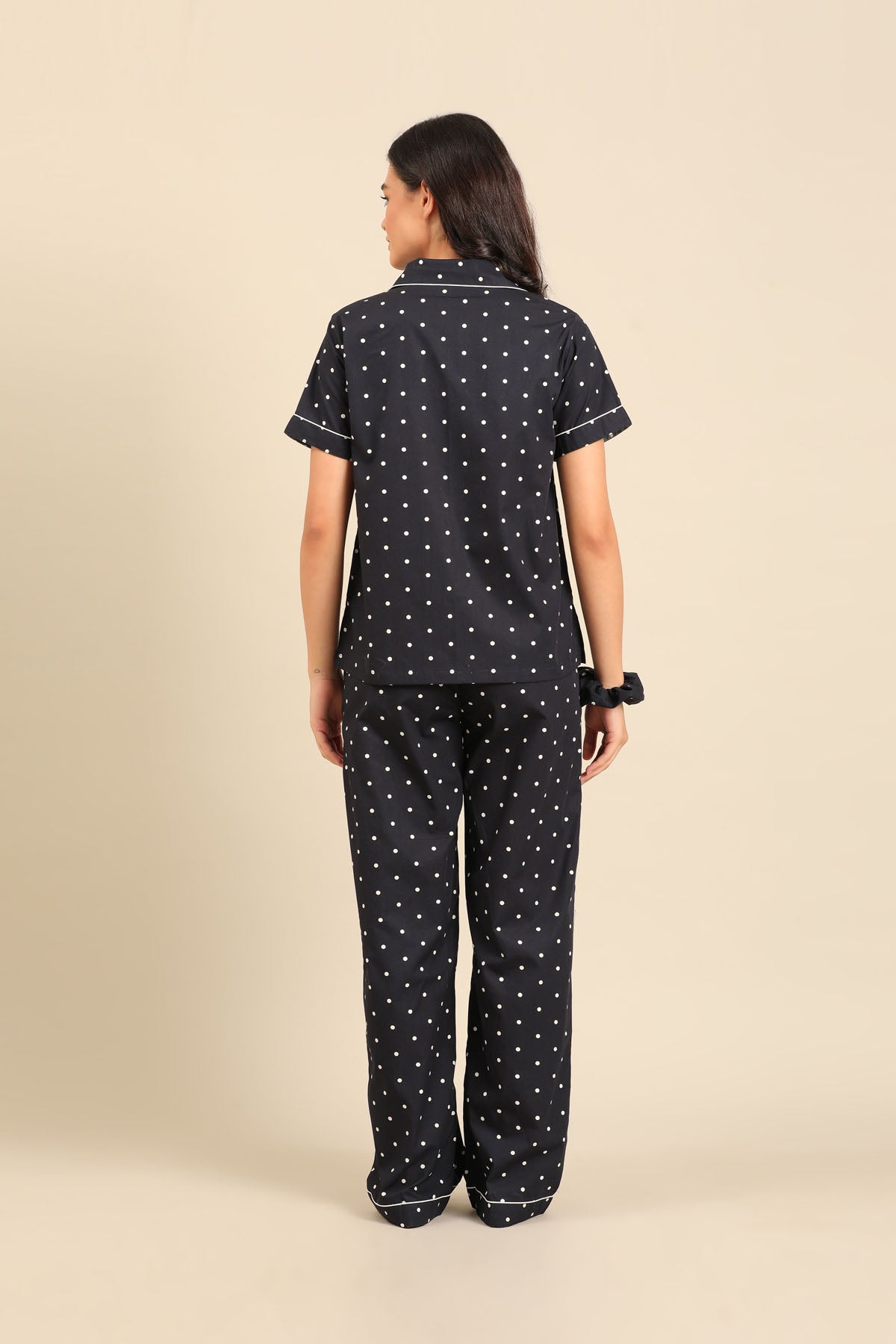 Navy Polka Cotton Blend Women's Pajama Set - Half Sleeves