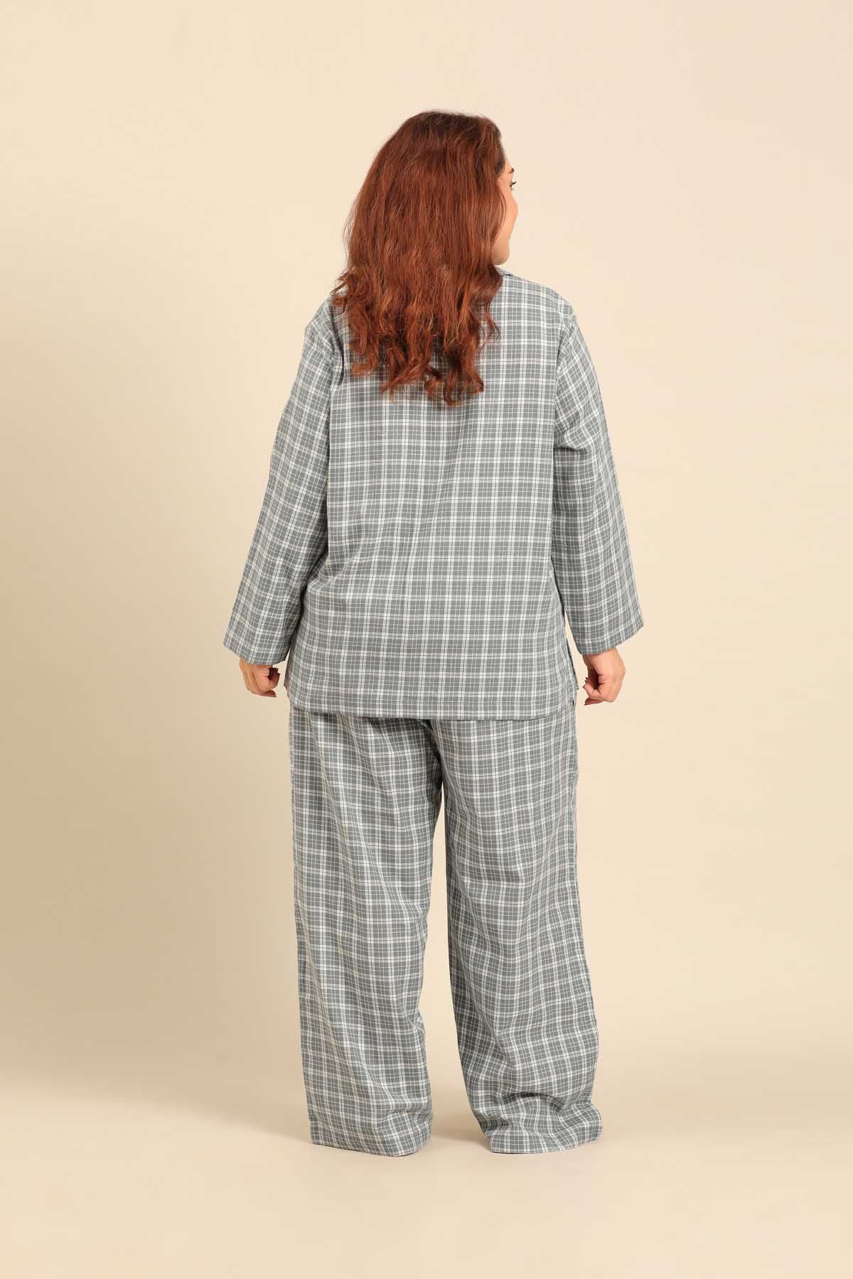 Dusty Blue Check Cotton Twill Women's Curve Pajama Set - Full Sleeves