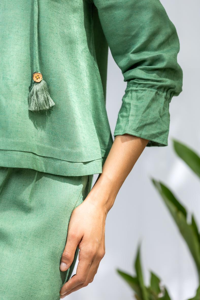 Masai Green Linen Women's Lounge Pleated Top