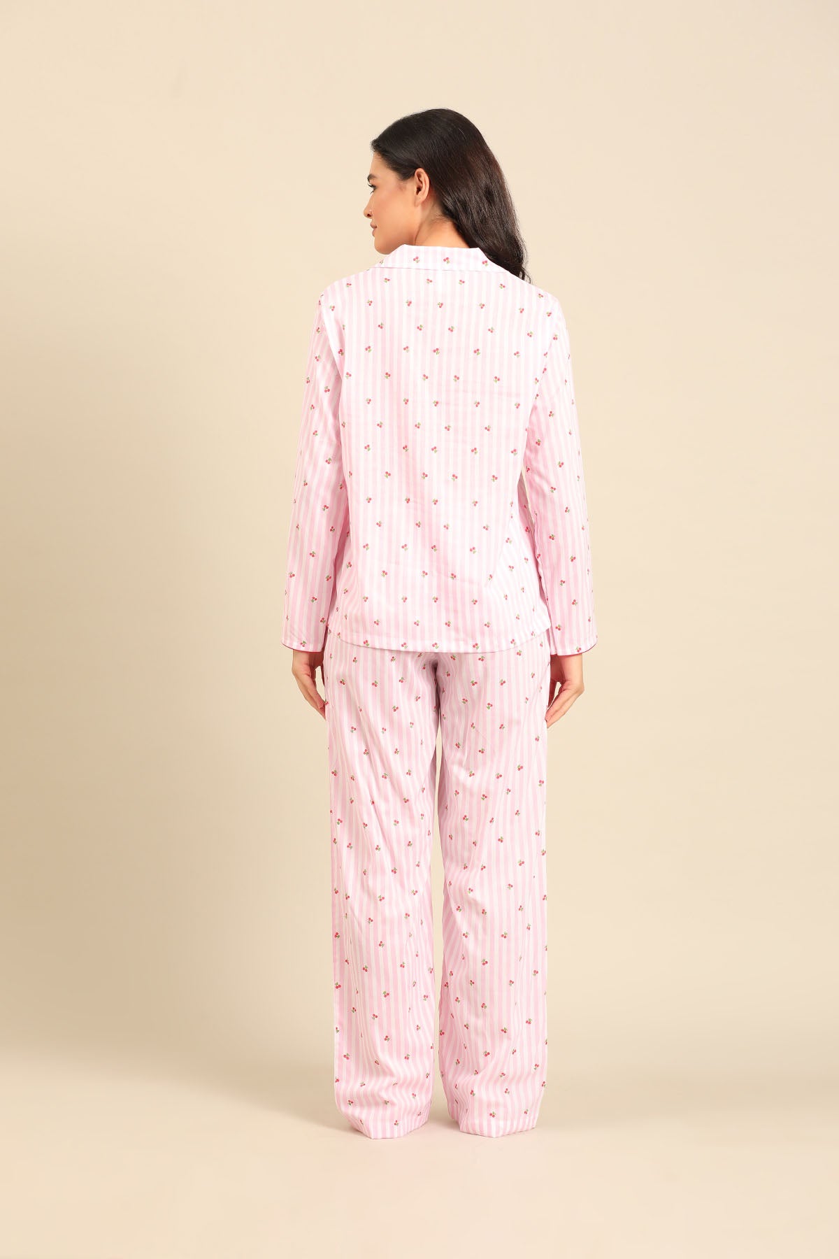 Cherry Stripe Cotton Women's Pajama Set - Full Sleeves
