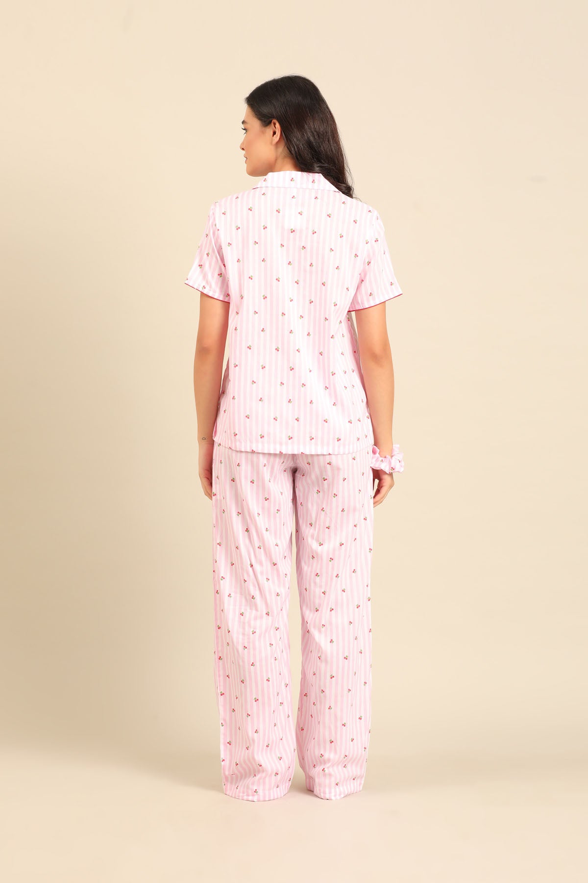 Cherry Stripe Cotton Women's Pajama Set - Half Sleeves