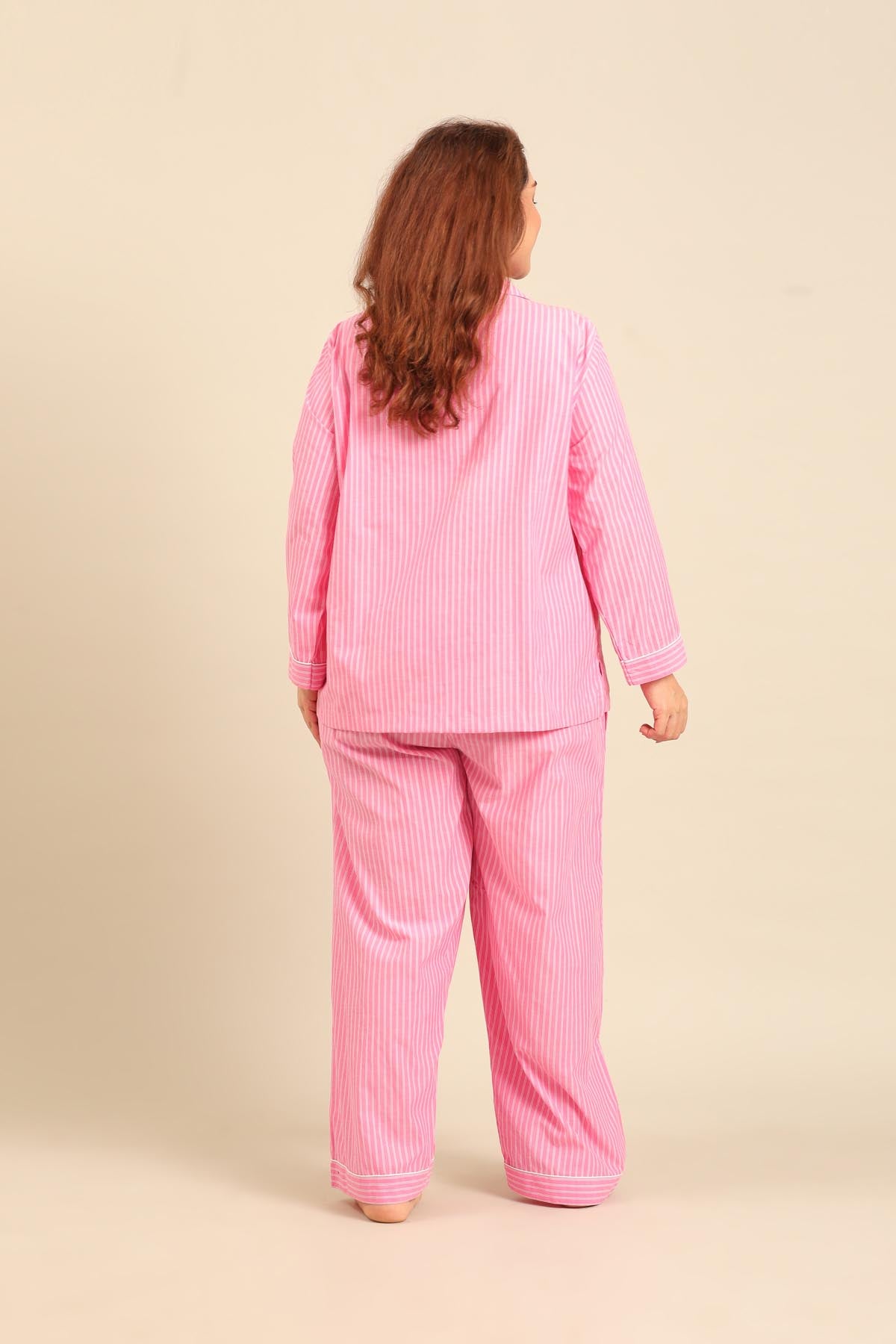 Miranda Stripe Cotton Women's Curve Pajama Set - Full Sleeves