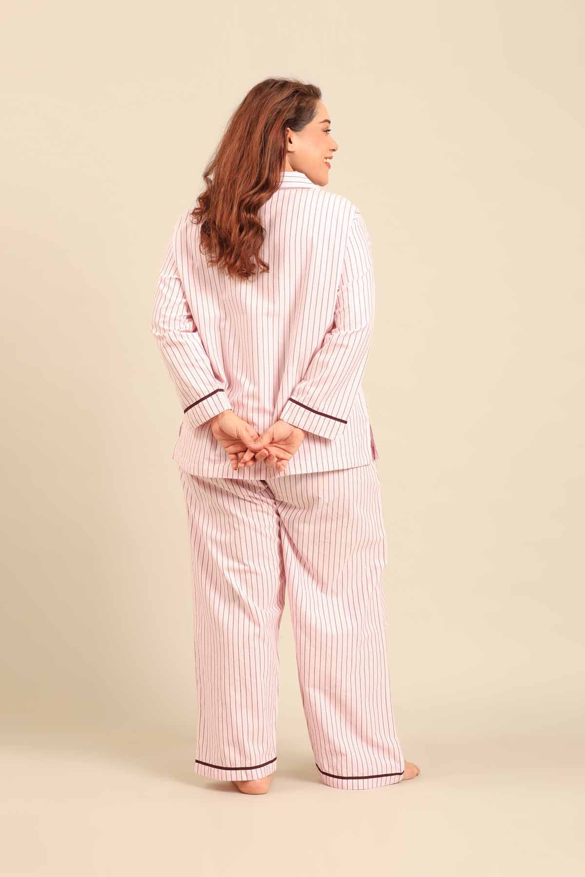 Vivian Stripe Cotton Women's Curve Pajama Set - Full Sleeves