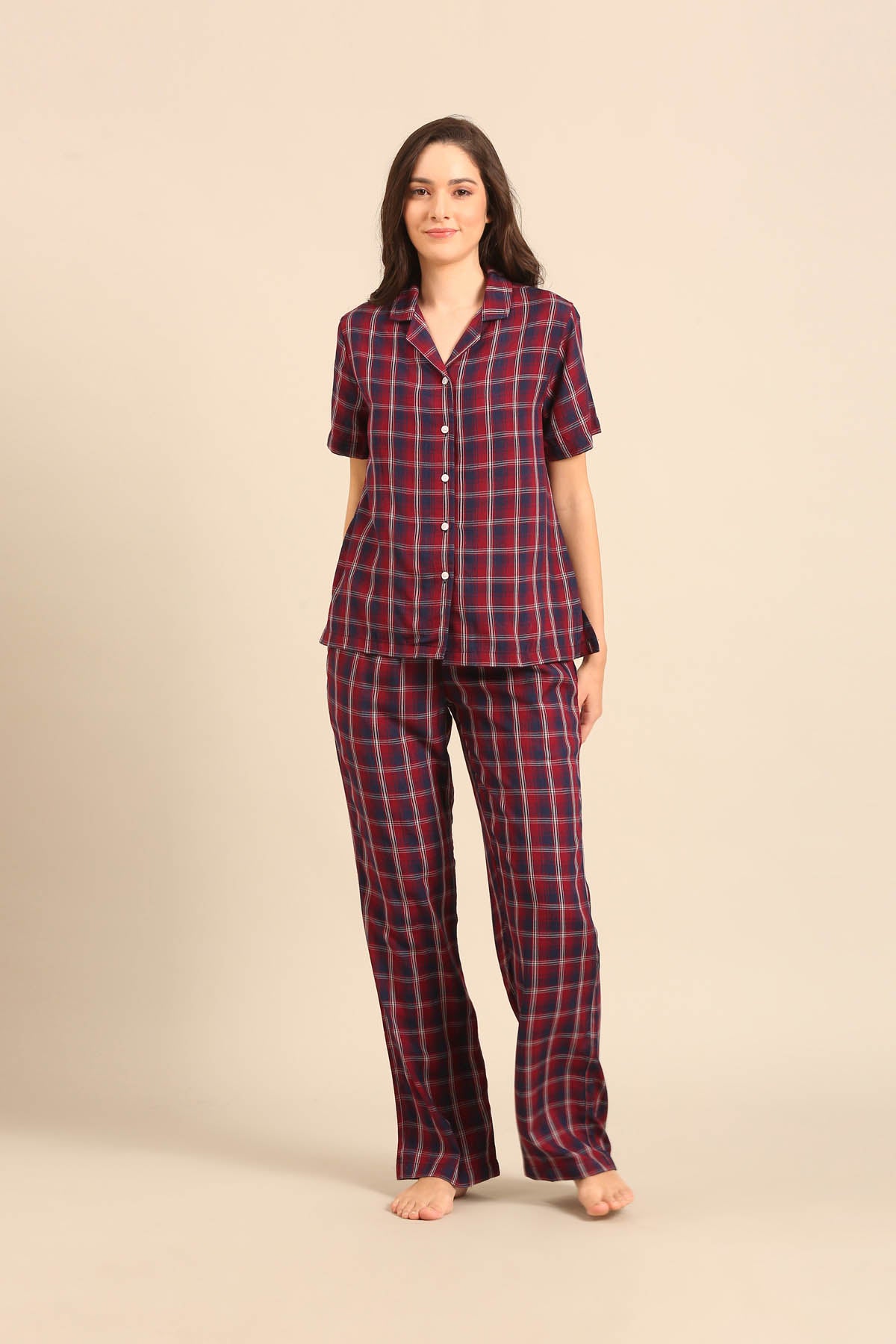 Ruby Check Cotton Women's Pajama Set- Half Sleeves
