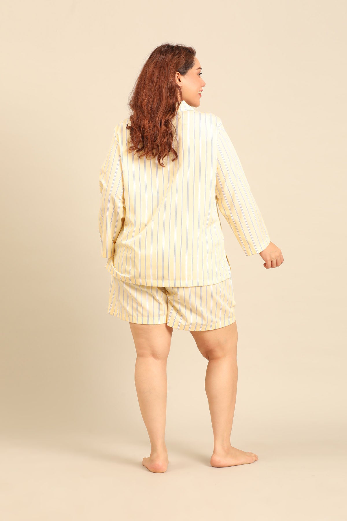 Butter Yellow Stripe Cotton Blend Women's Curve Shorts Set - Full Sleeves