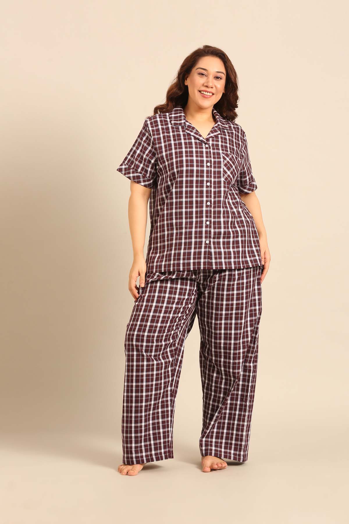Edith Plaid Cotton Women's Curve Shirt Only - Half Sleeves