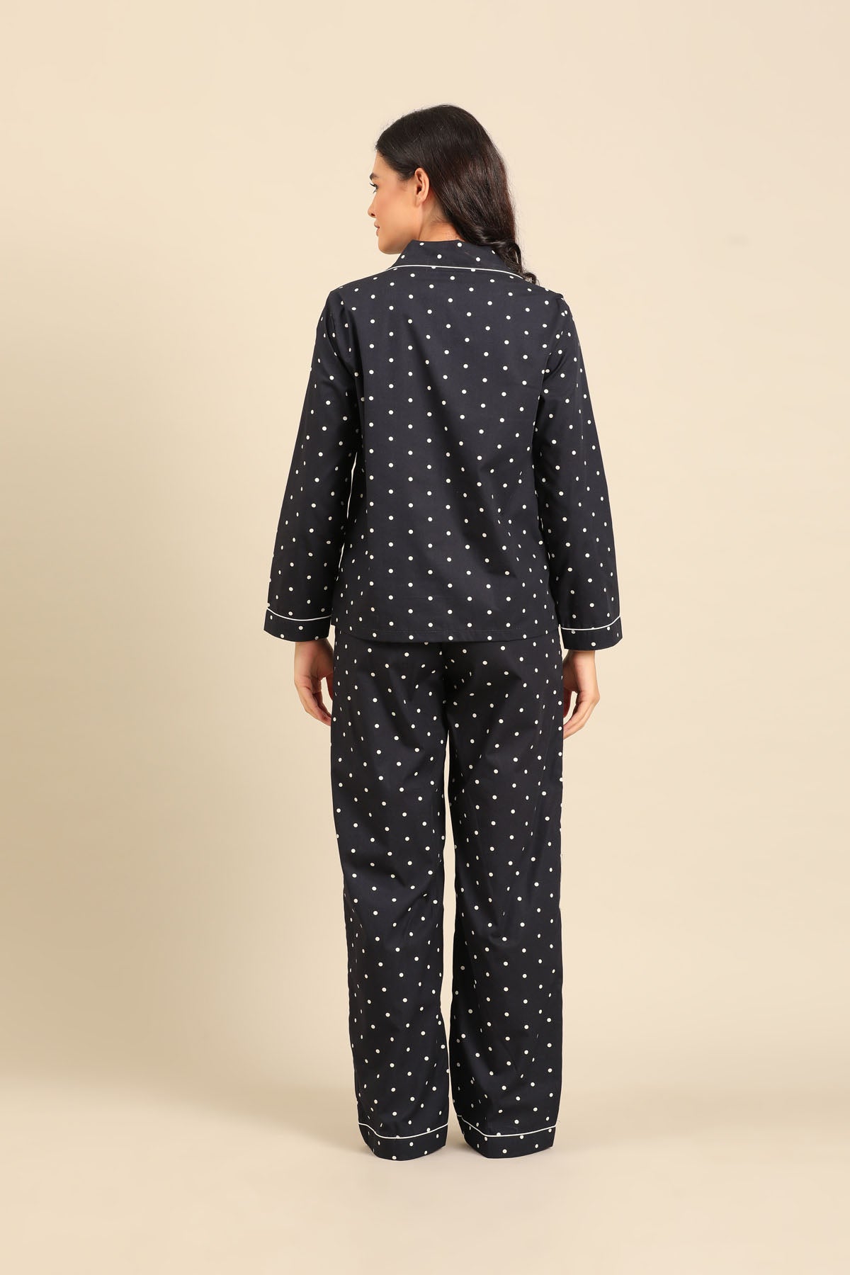 Navy Polka Cotton Blend Women's Pajama Set - Full Sleeves