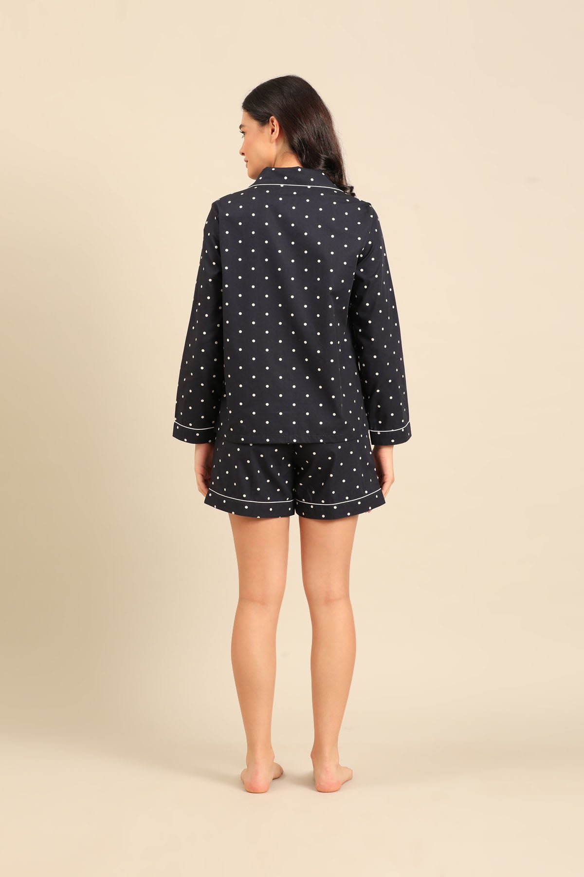 Navy Polka Cotton Blend Women's Shorts Set - Full Sleeves