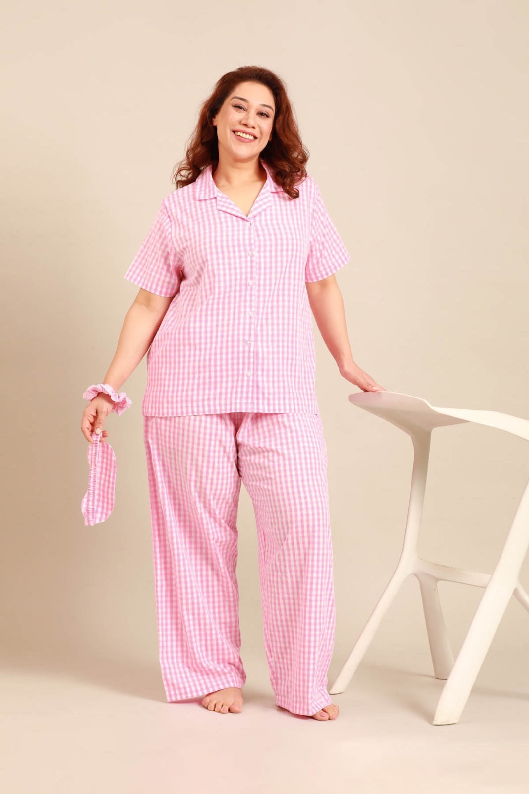 Stella Gingham Check Cotton Women's Curve Pajama Set - Half Sleeves