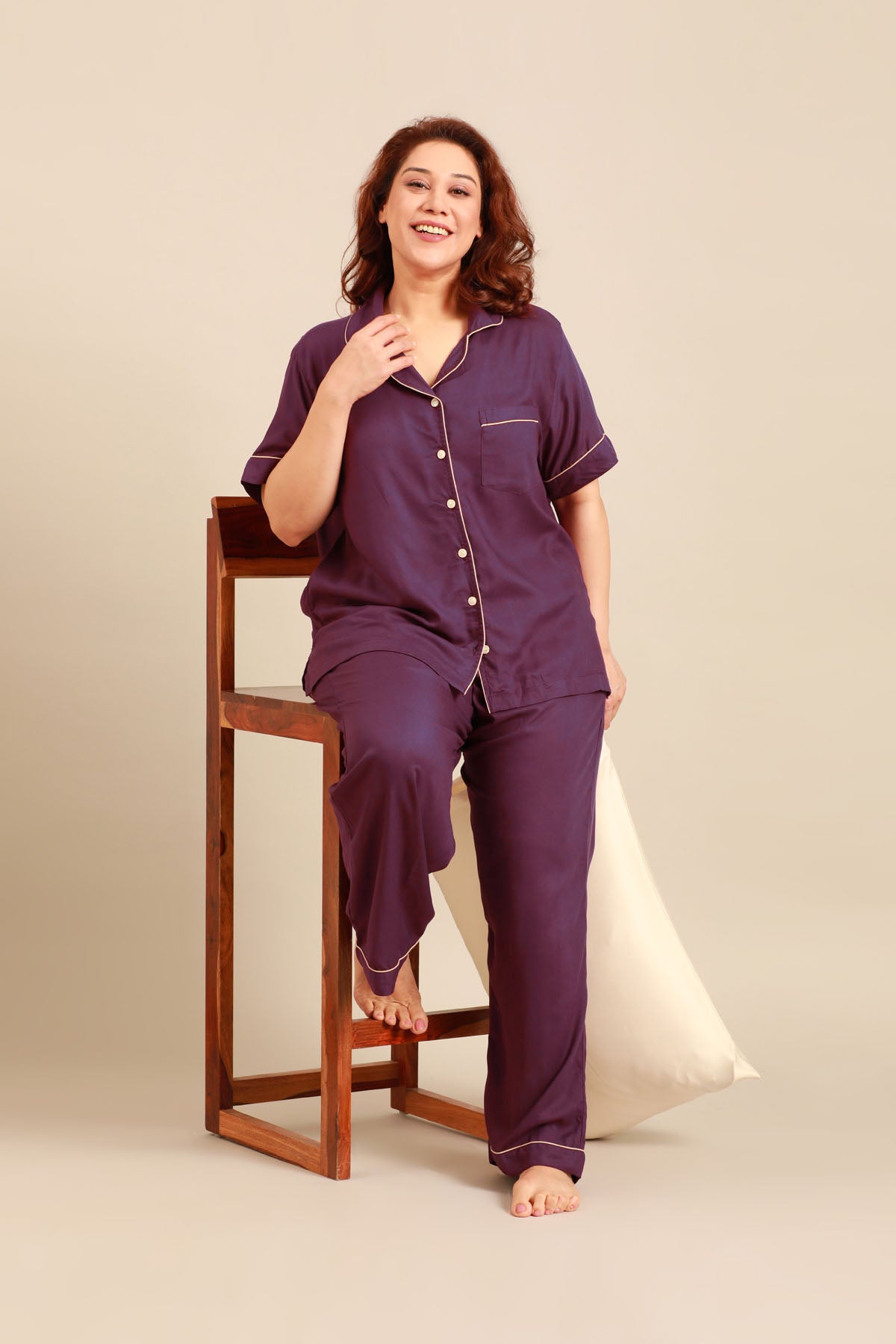 Emily Merlot Viscose Women's Curve Pajama Set - Half Sleeves