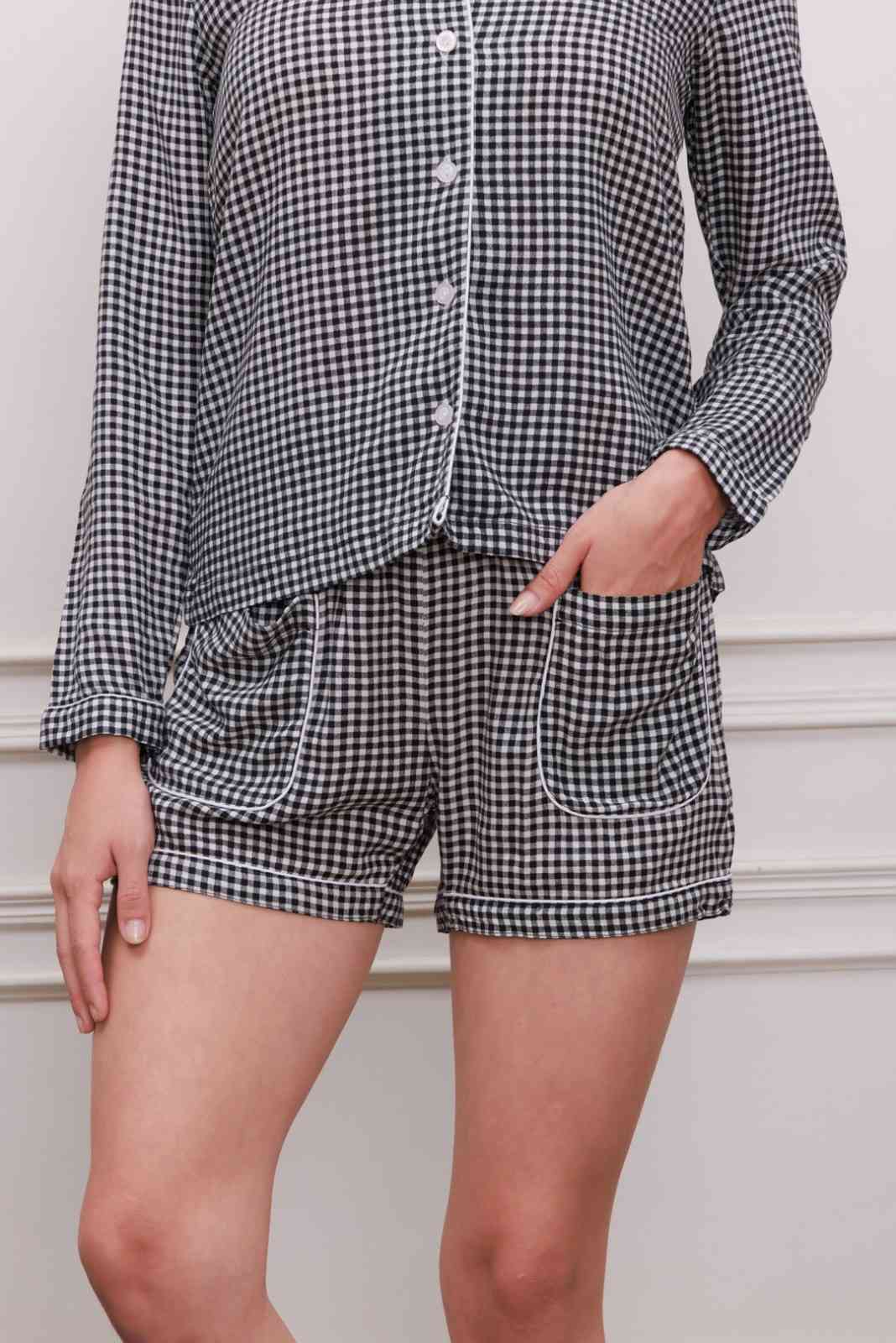 Black & White Gingham Check Cotton Women's Shorts Set