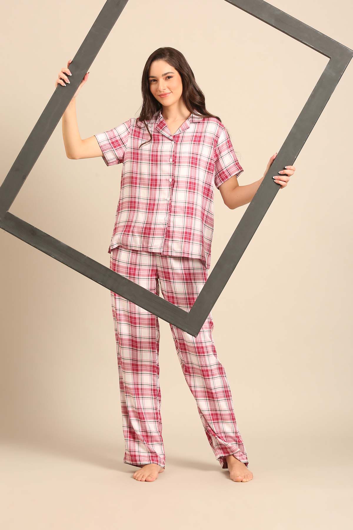 Nina Check Viscose Twill Women's Pajama Set - Half Sleeves