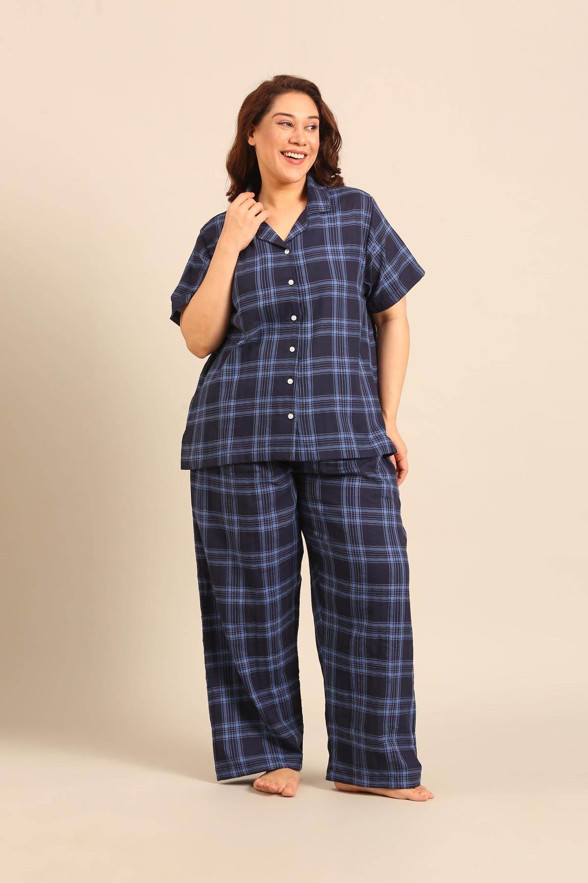 Vienna Check Cotton Women's Curve Pajama Set - Half Sleeves