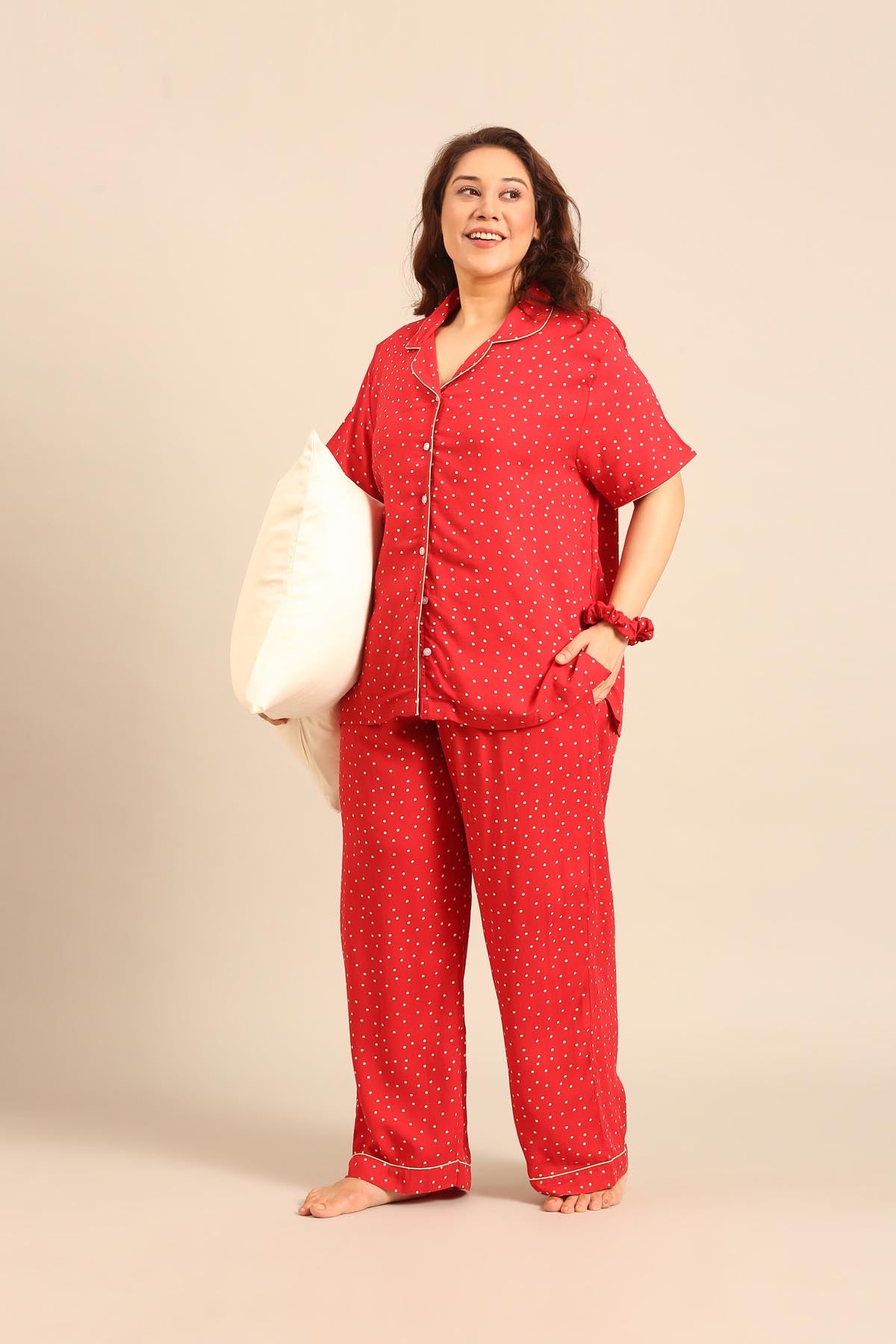 Minnie Polka Viscose Women's Curve Pajama Set - Half Sleeves