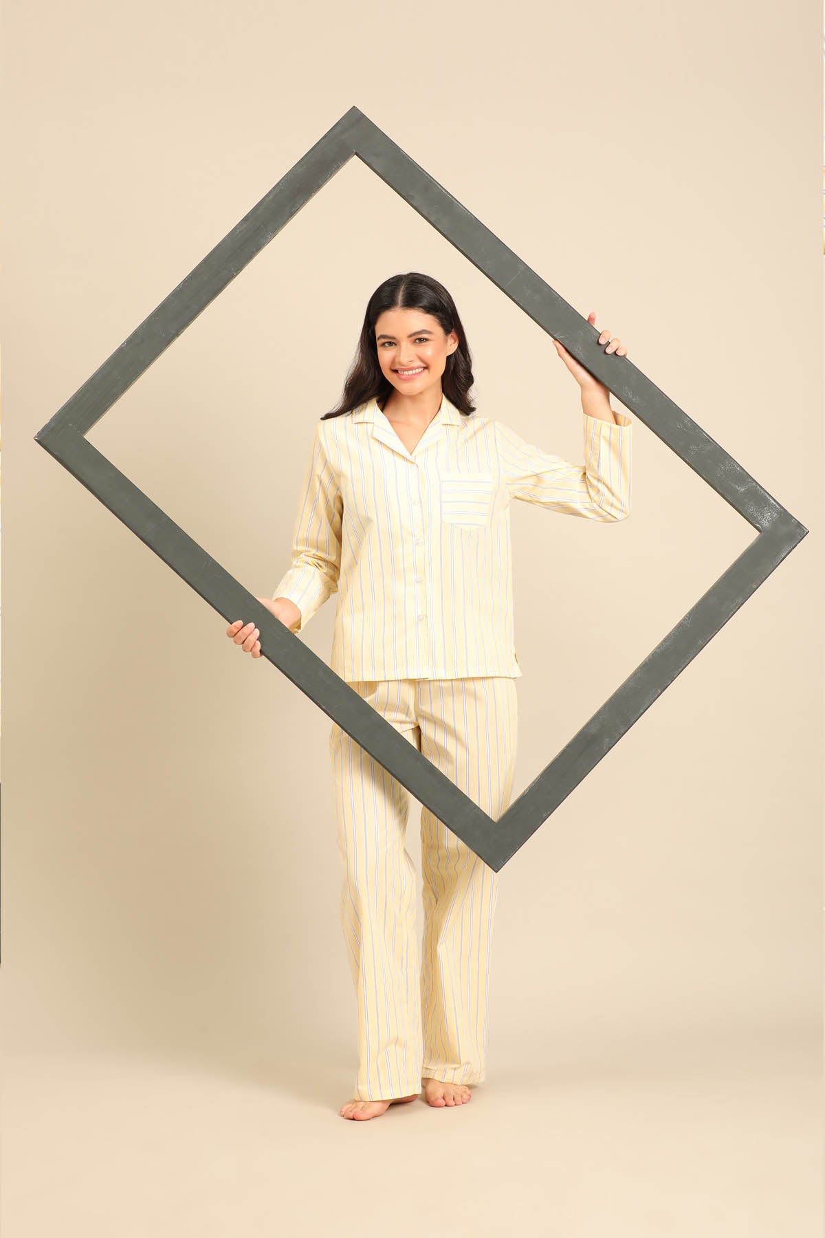 Butter Yellow Stripe Cotton Blend Women's Pajama Set - Full Sleeves