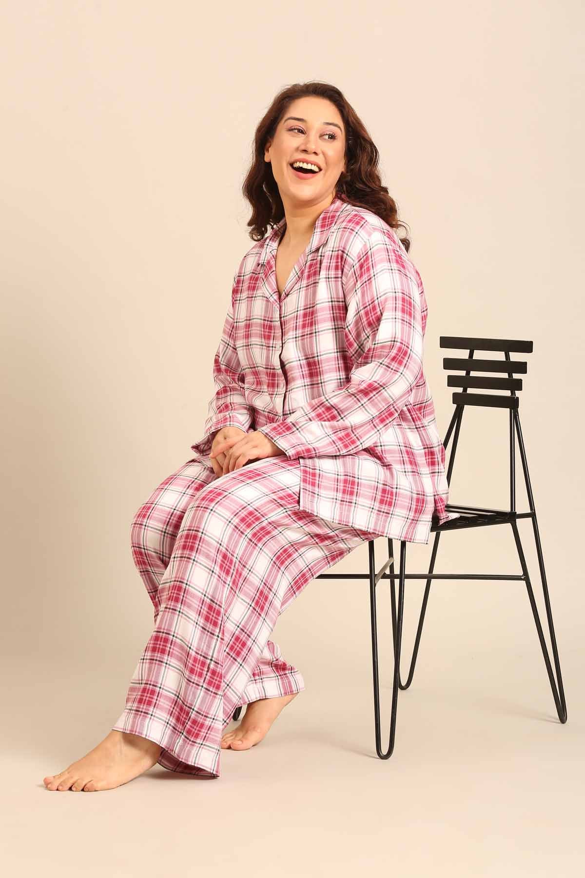 Nina Check Viscose Twill Women's Curve Pajama Set - Full Sleeves
