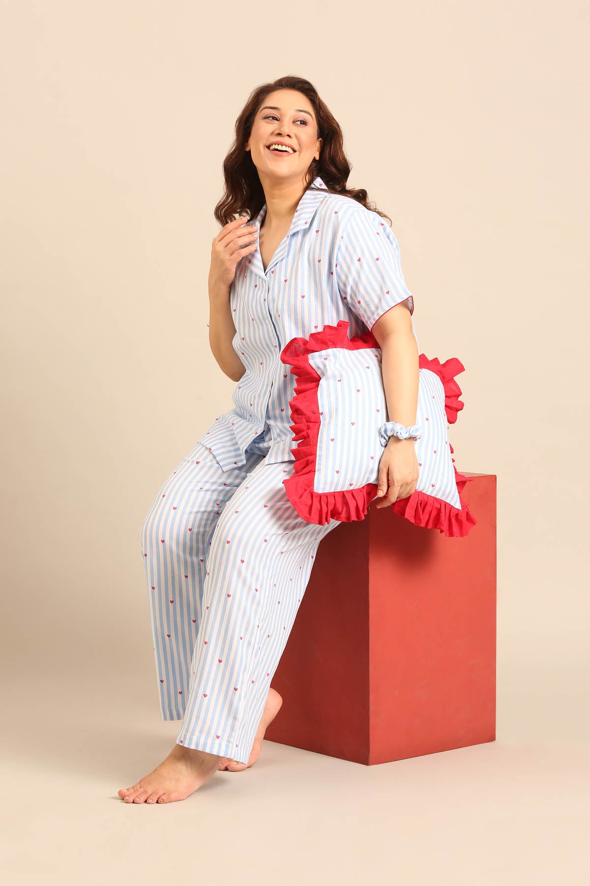 Lola Heart Cotton Twill Women's Curve Pajama Set - Half Sleeves