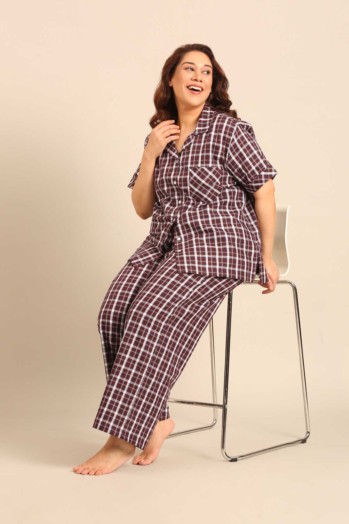 Edith Plaid Cotton Women's Curve Shirt Only - Half Sleeves