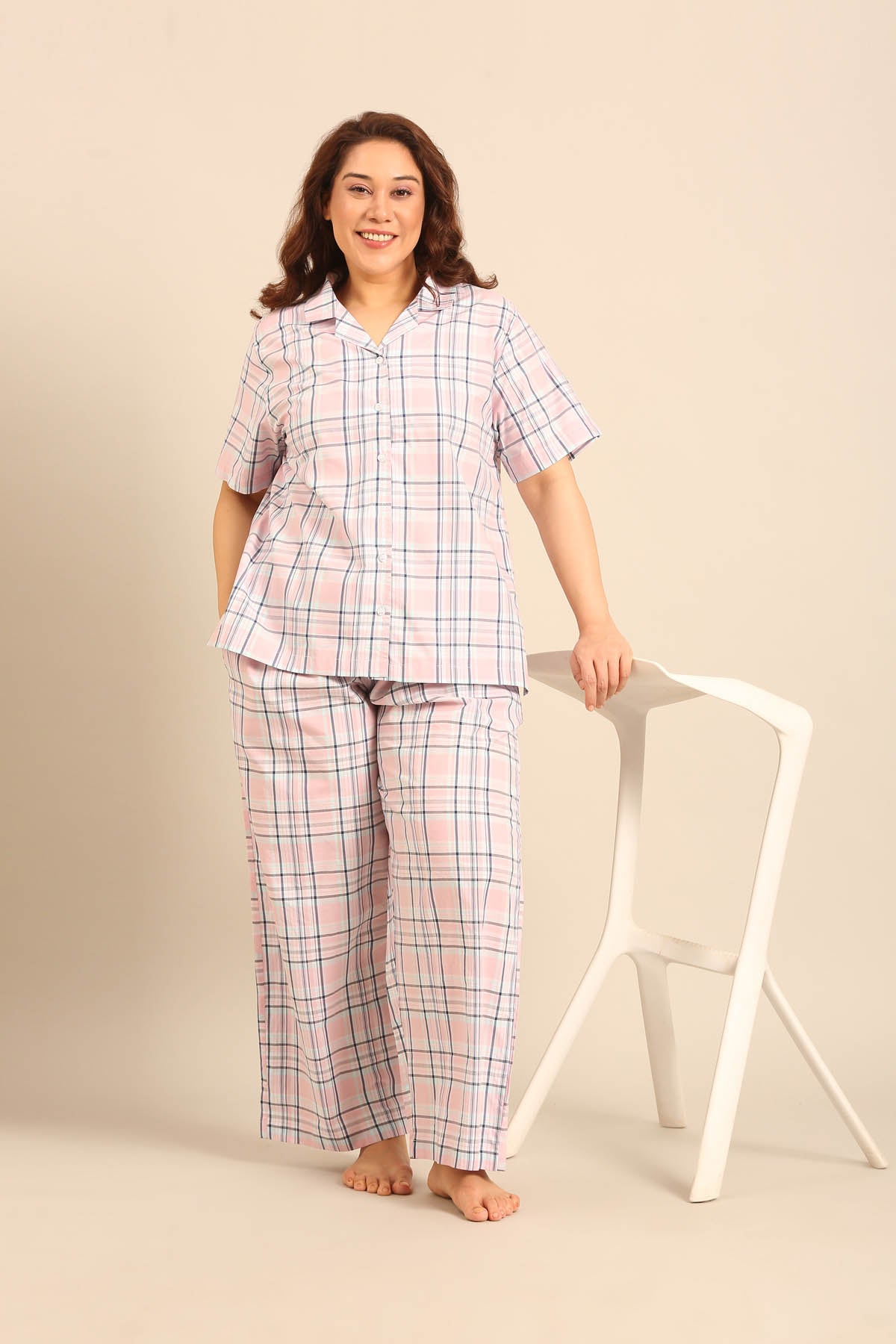 Annette Check Cotton Women's Curve Pajama Set - Half Sleeves