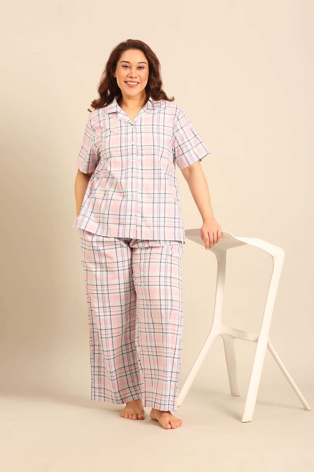 Annette Check Cotton Women's Curve Pajama Set - Half Sleeves
