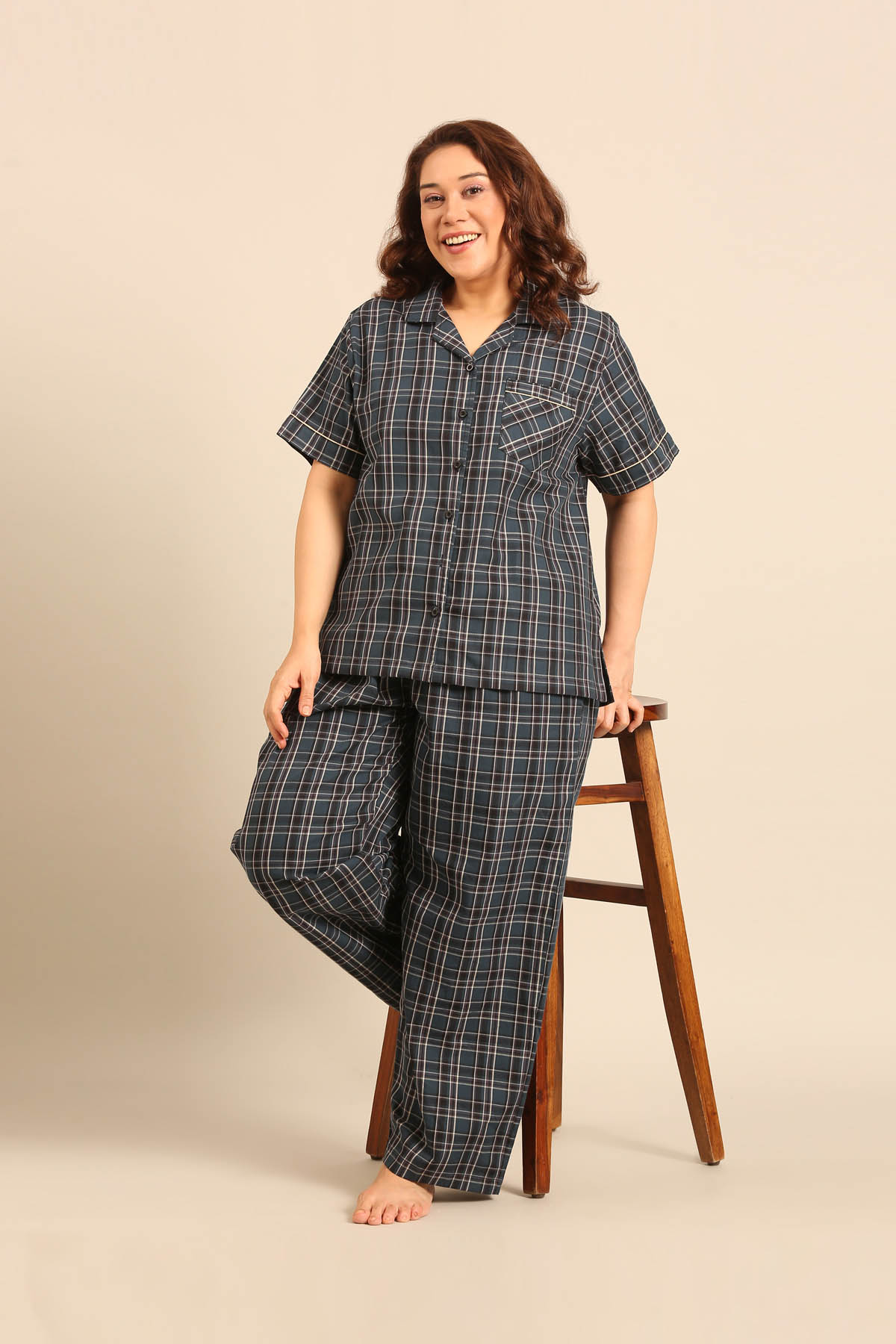 Charlotte Check Cotton Women's Curve Pajama Set - Half Sleeves