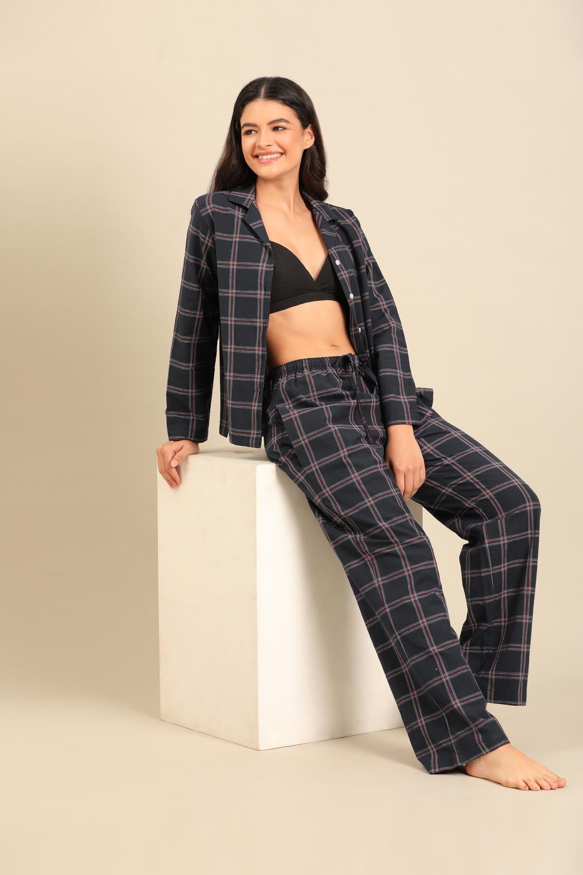 Amelia Check Cotton Women's Pajama Set - Full Sleeves
