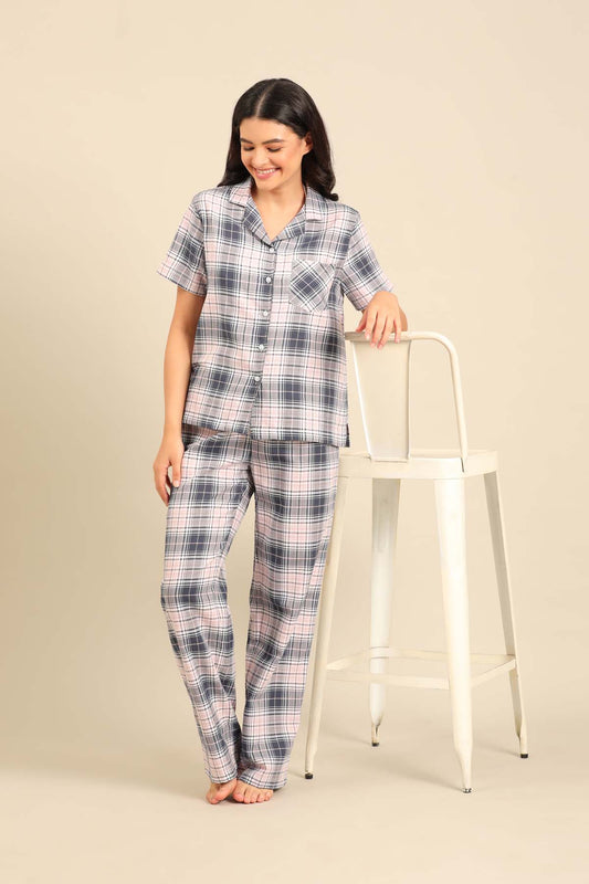 Maisie Check Cotton Twill Women's Pajama Set - Half Sleeves