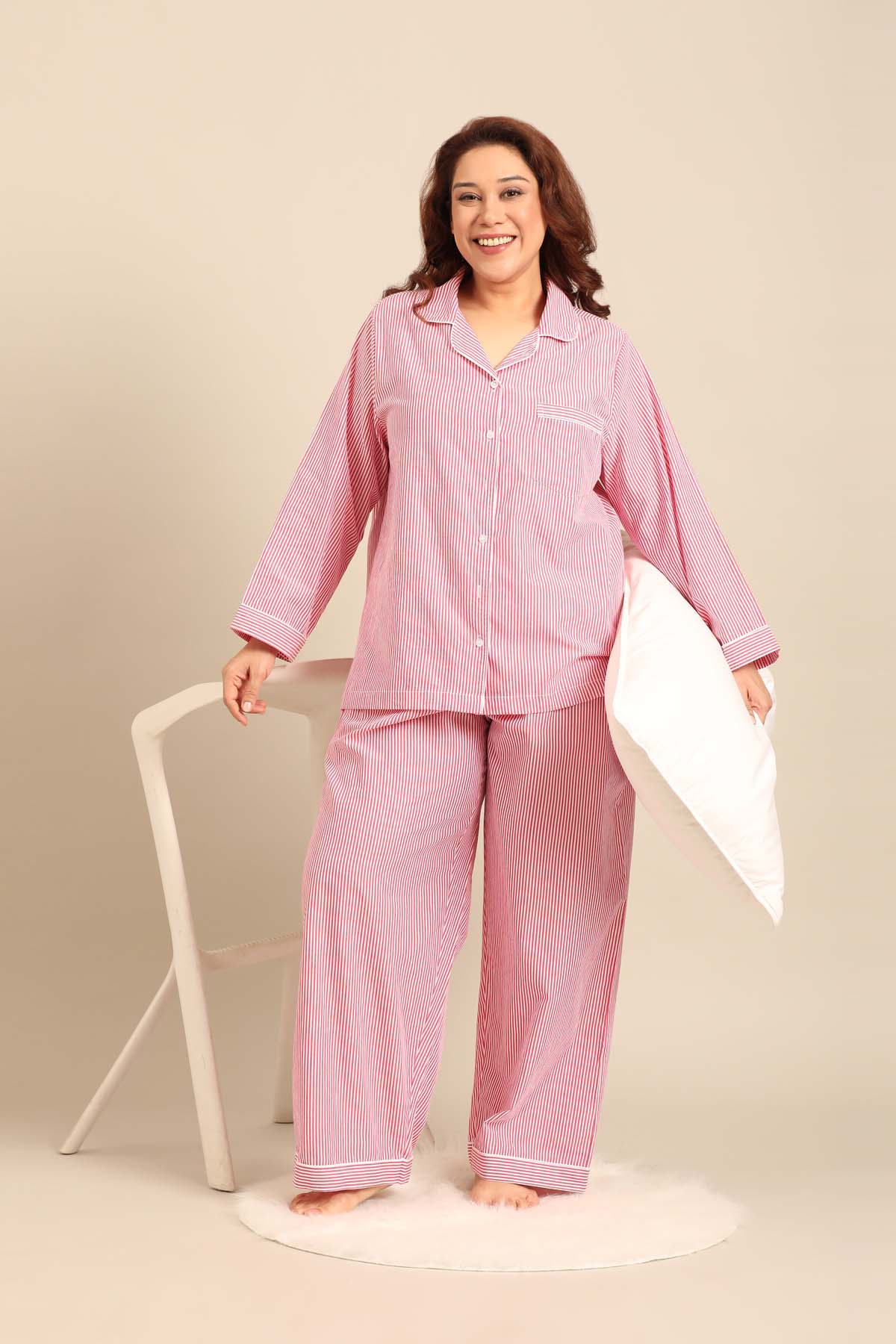 Sienna Red Pinstripe Cotton Women's Curve Pajama Set - Full Sleeves