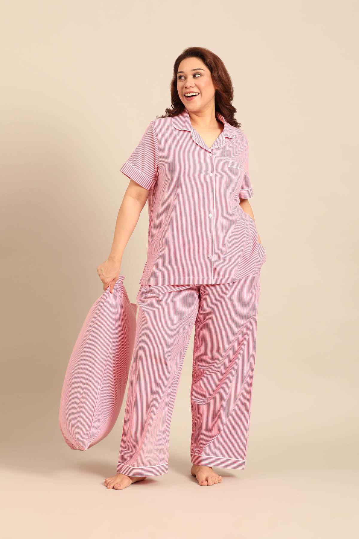 Sienna Red Pinstripe Cotton Women's Curve Pajama Set - Half Sleeves