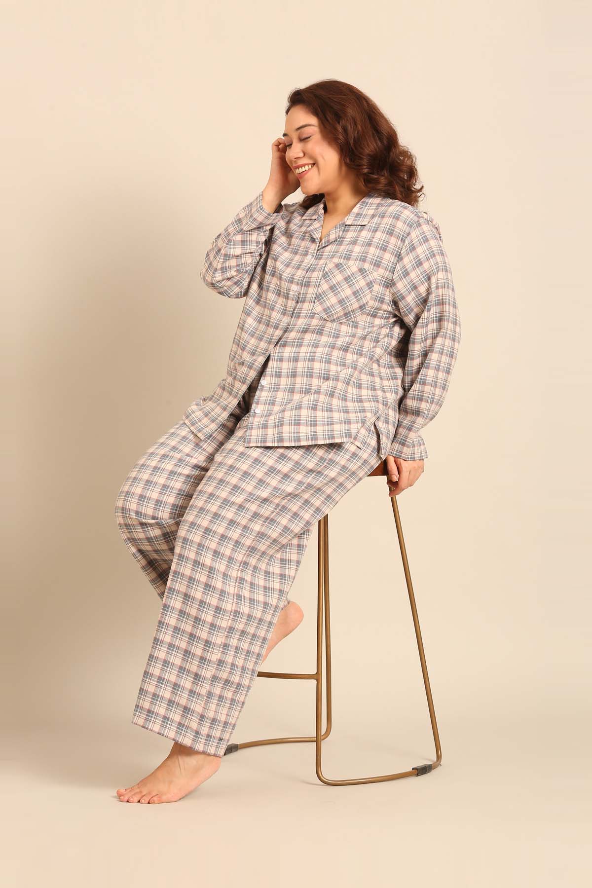 Beige Plaid Cotton Women's Curve Shirt Only - Full Sleeves
