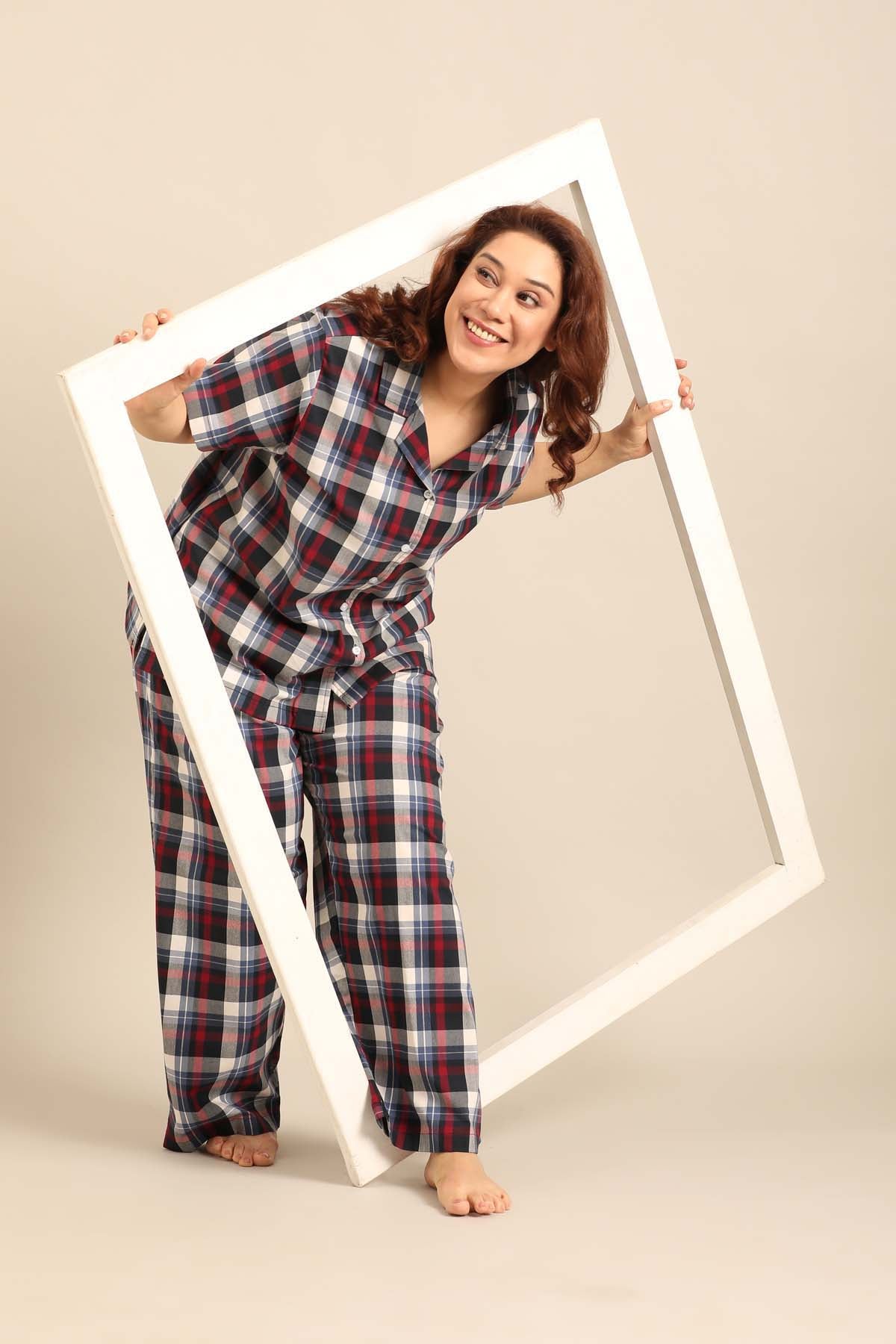 Leah Check Cotton Blend Women's Curve Pajama Set - Half Sleeves
