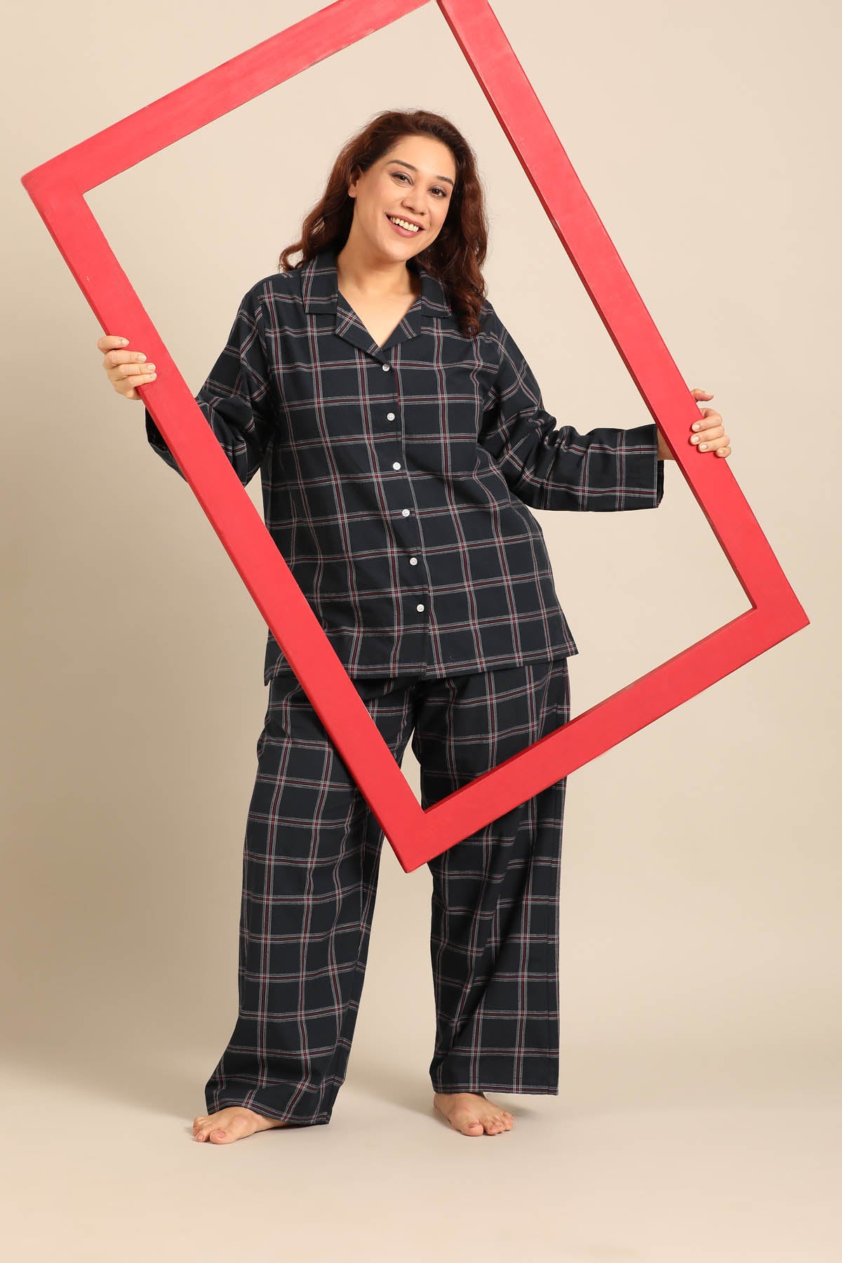 Amelia Check Cotton Blend Women's Curve Pajama Set - Full Sleeves