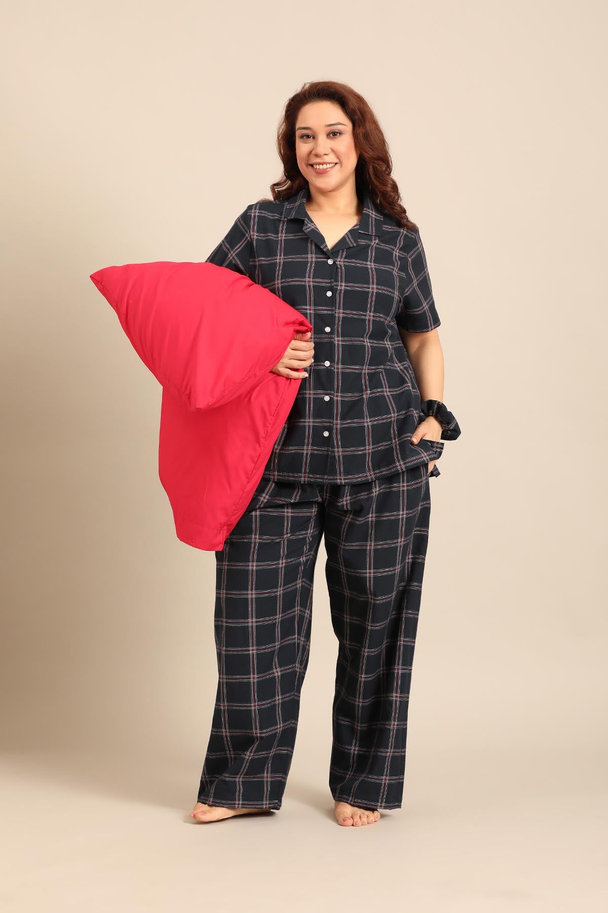 Amelia Check Cotton Blend Women's Curve Pajama Set - Half Sleeves