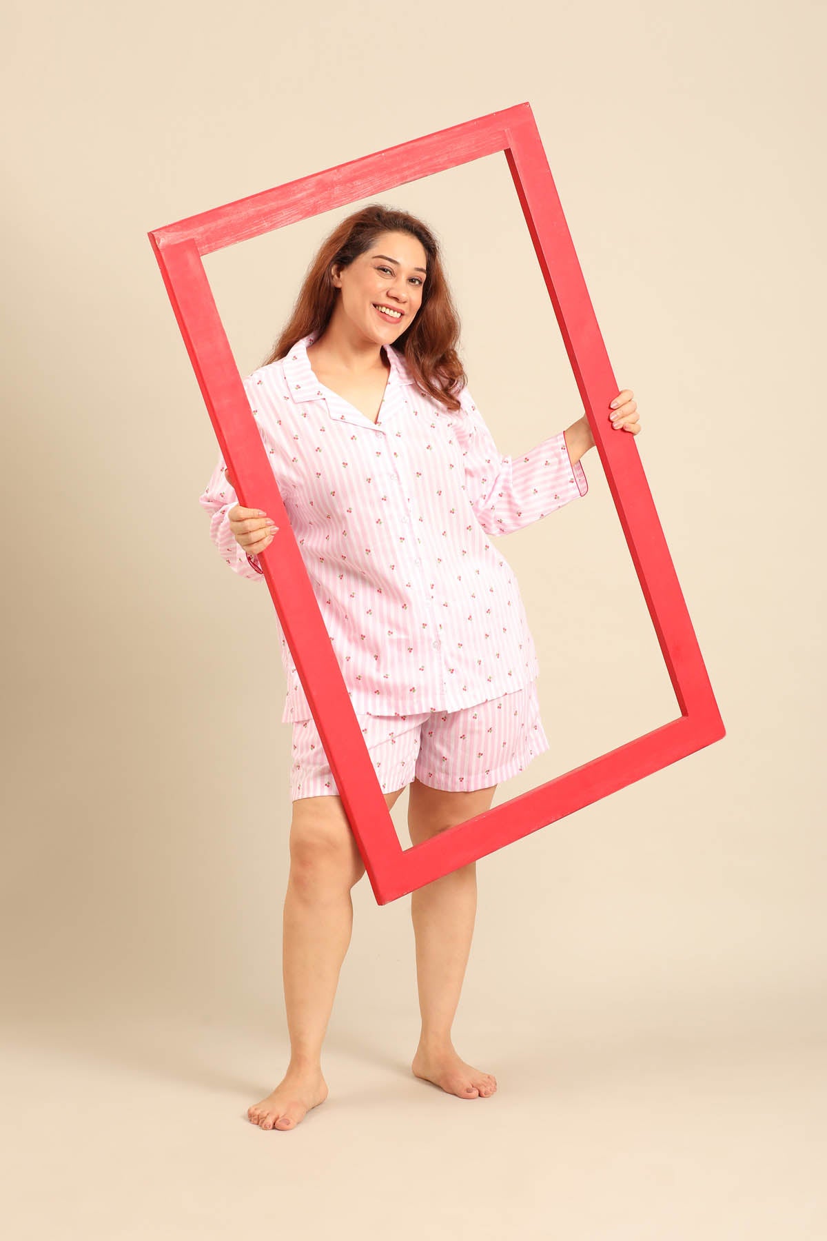 Cherry Stripe Cotton Women's Curve Shorts Set - Full Sleeves