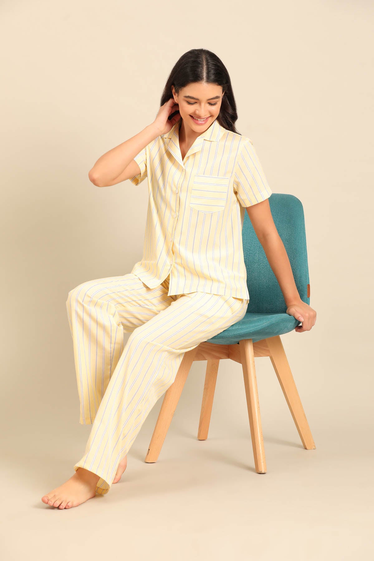 Butter Yellow Stripe Cotton Blend Women's Pajama Set - Half Sleeves