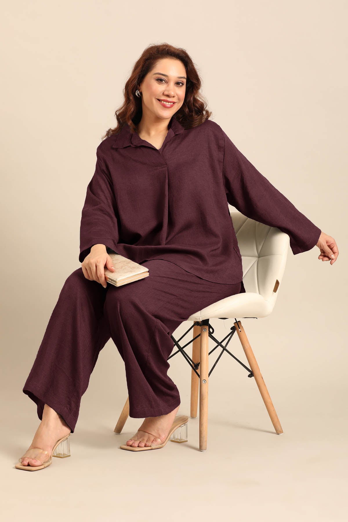 Estelle Wine Linen Blend Women's Co-ord Set