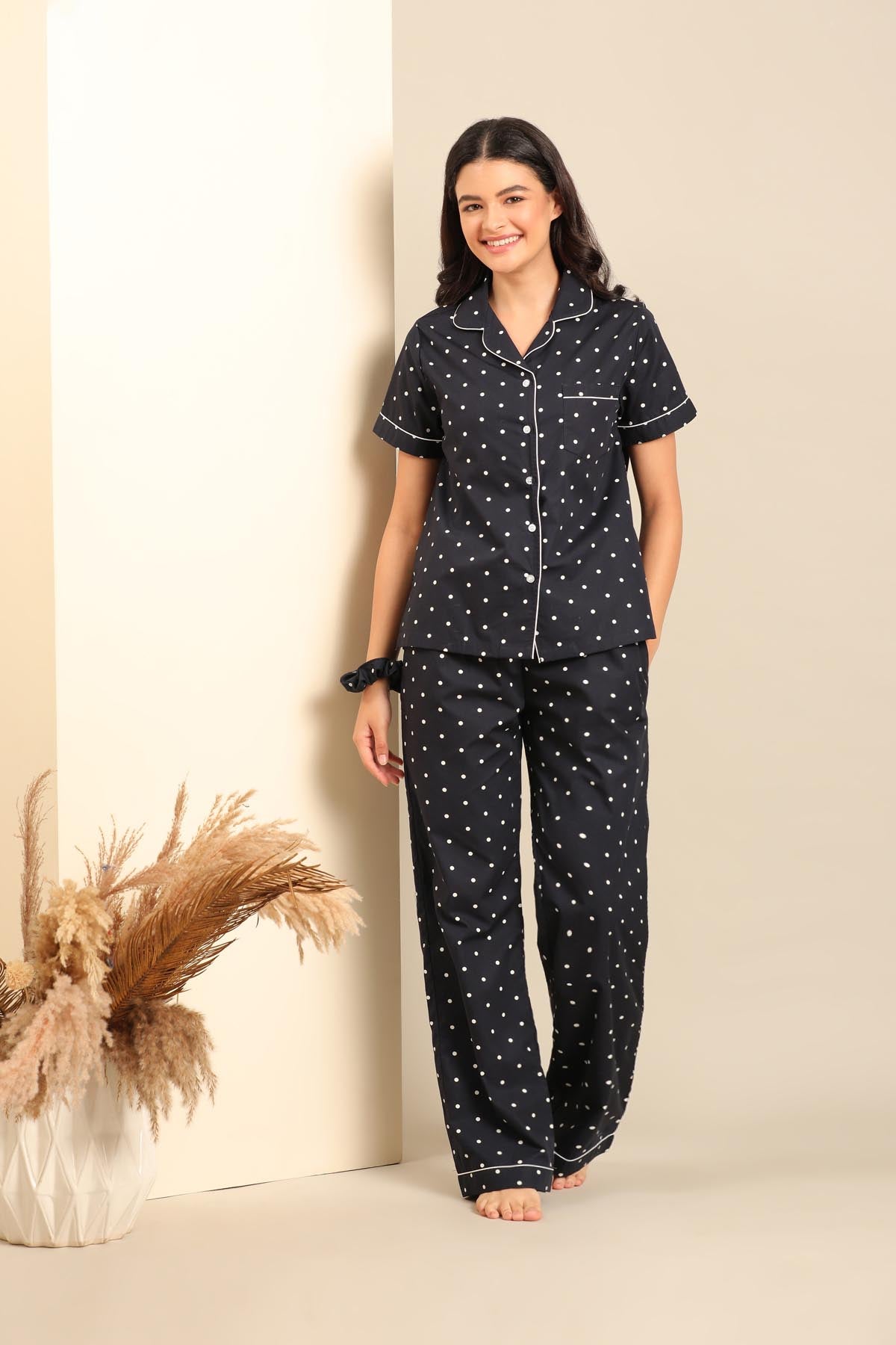 Navy Polka Cotton Blend Women's Pajama Set - Half Sleeves
