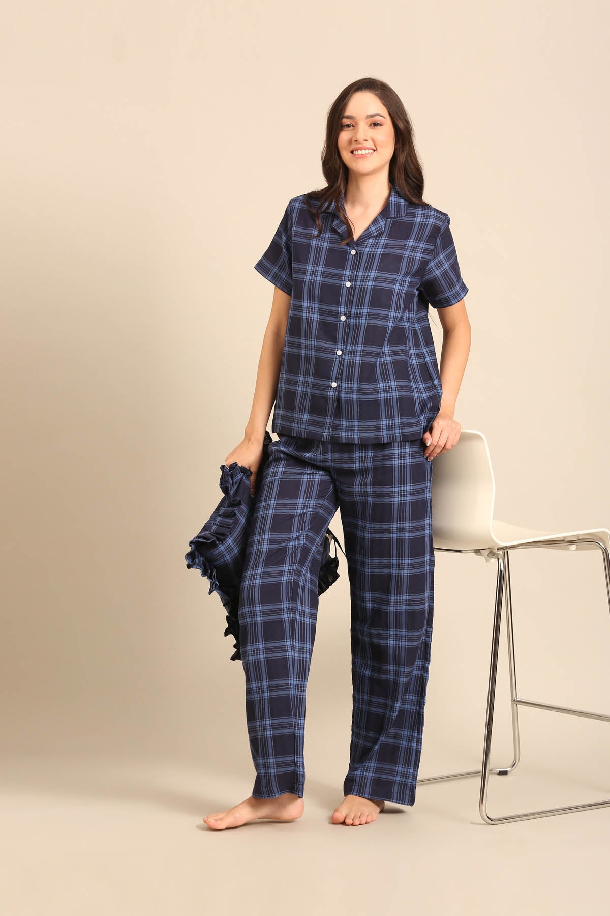 Vienna Check Cotton Women's Pajama Set - Half Sleeves