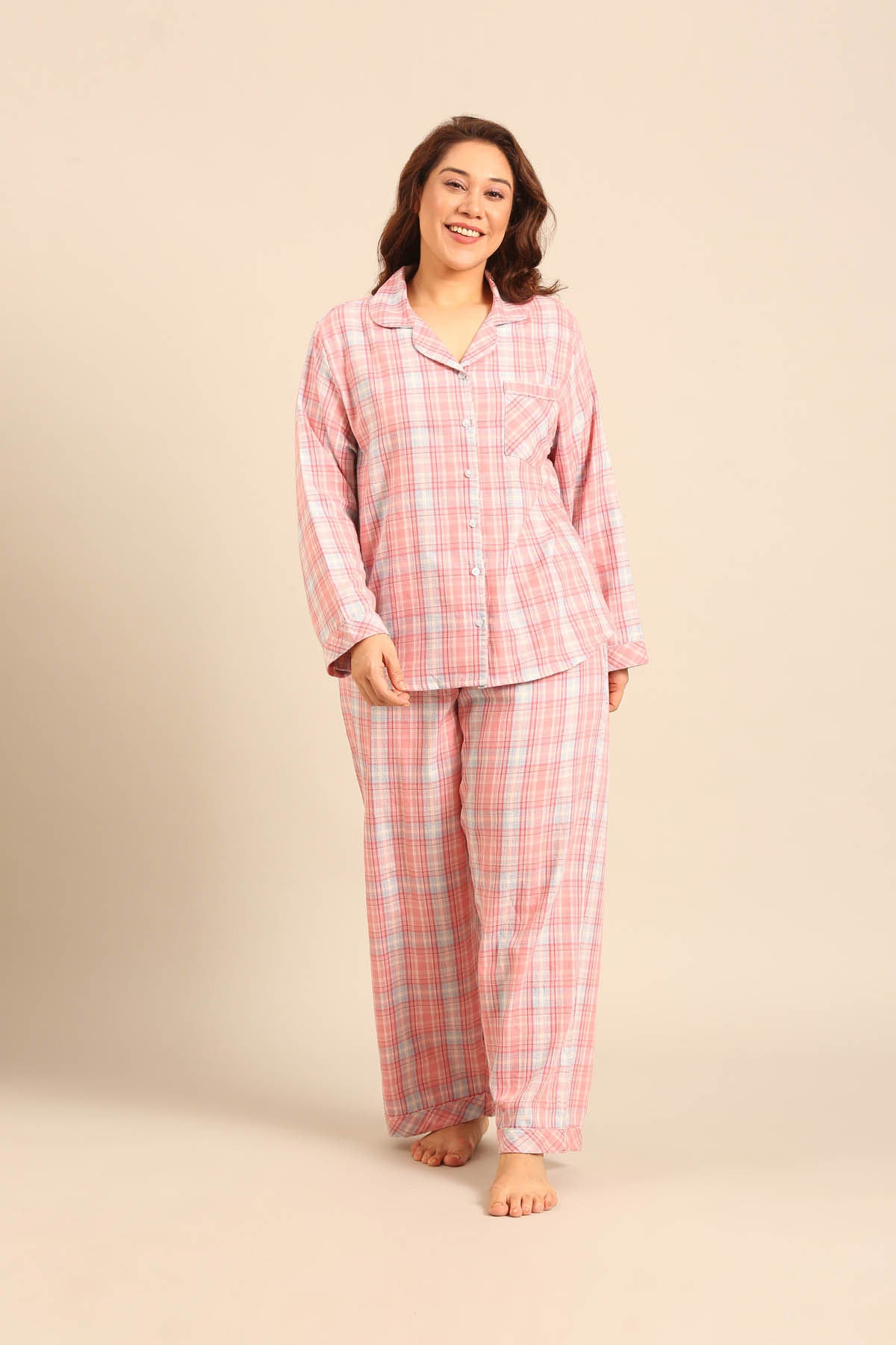 Blair Check Cotton Women's Curve Pajama Set - Full Sleeves