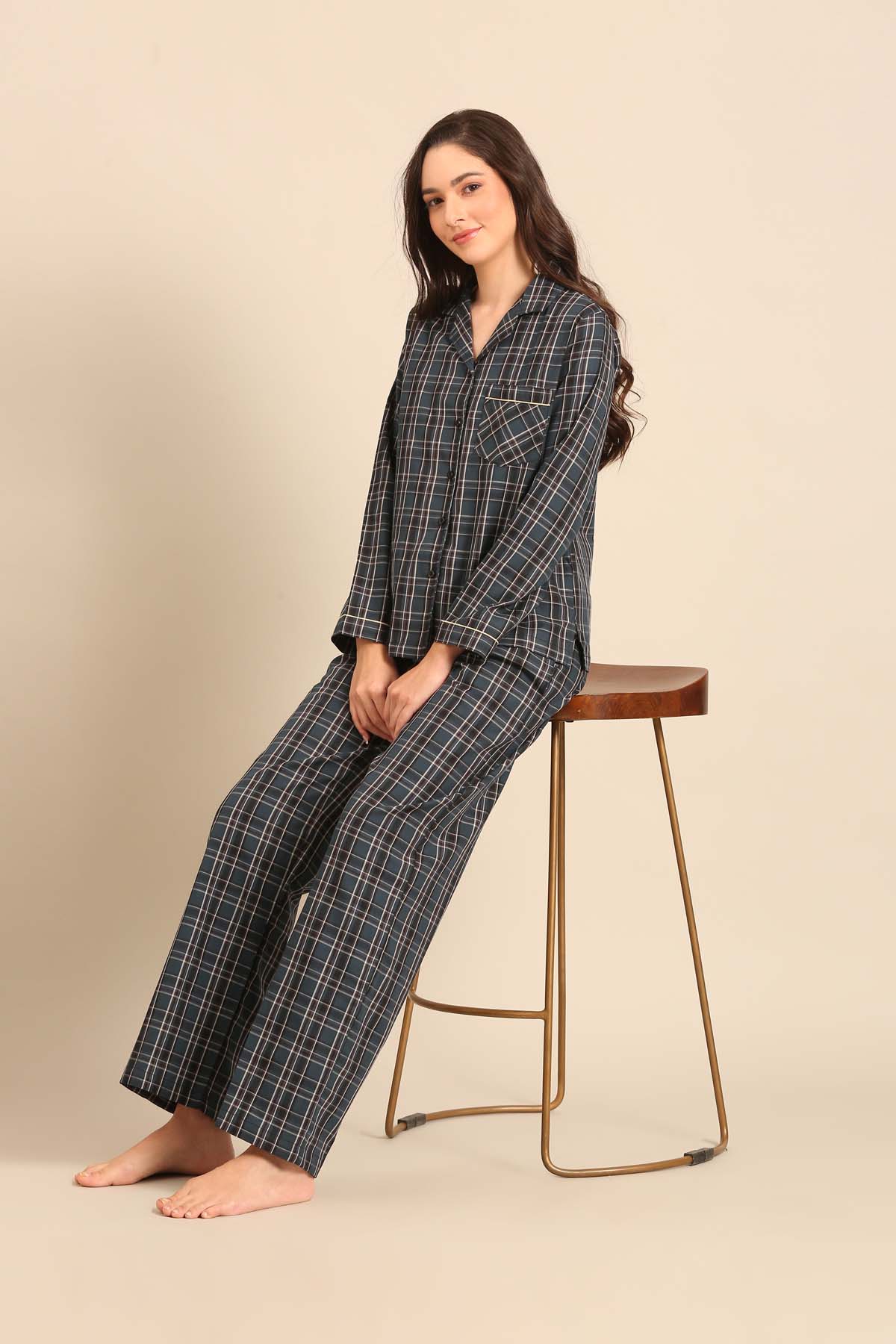 Charlotte Check Cotton Women's Pajama Set - Full Sleeves