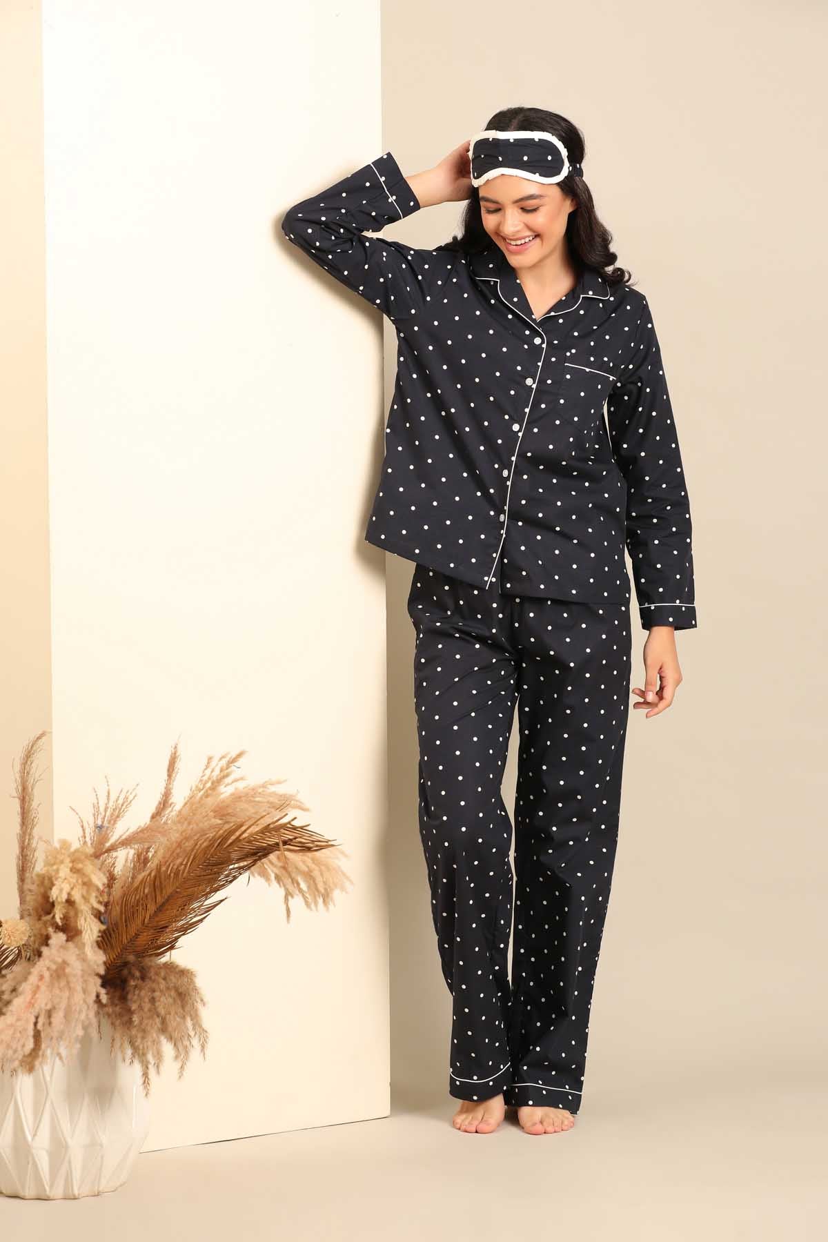 Navy Polka Cotton Blend Women's Pajama Set - Full Sleeves
