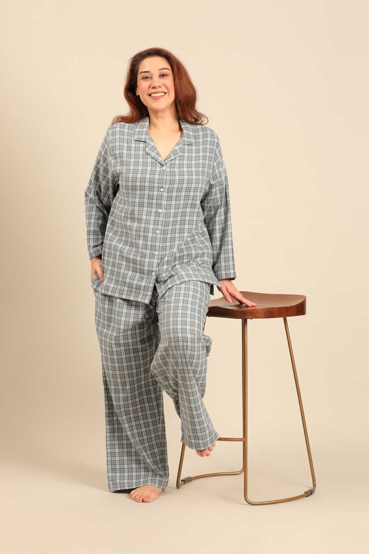 Dusty Blue Check Cotton Twill Women's Curve Pajama Set - Full Sleeves