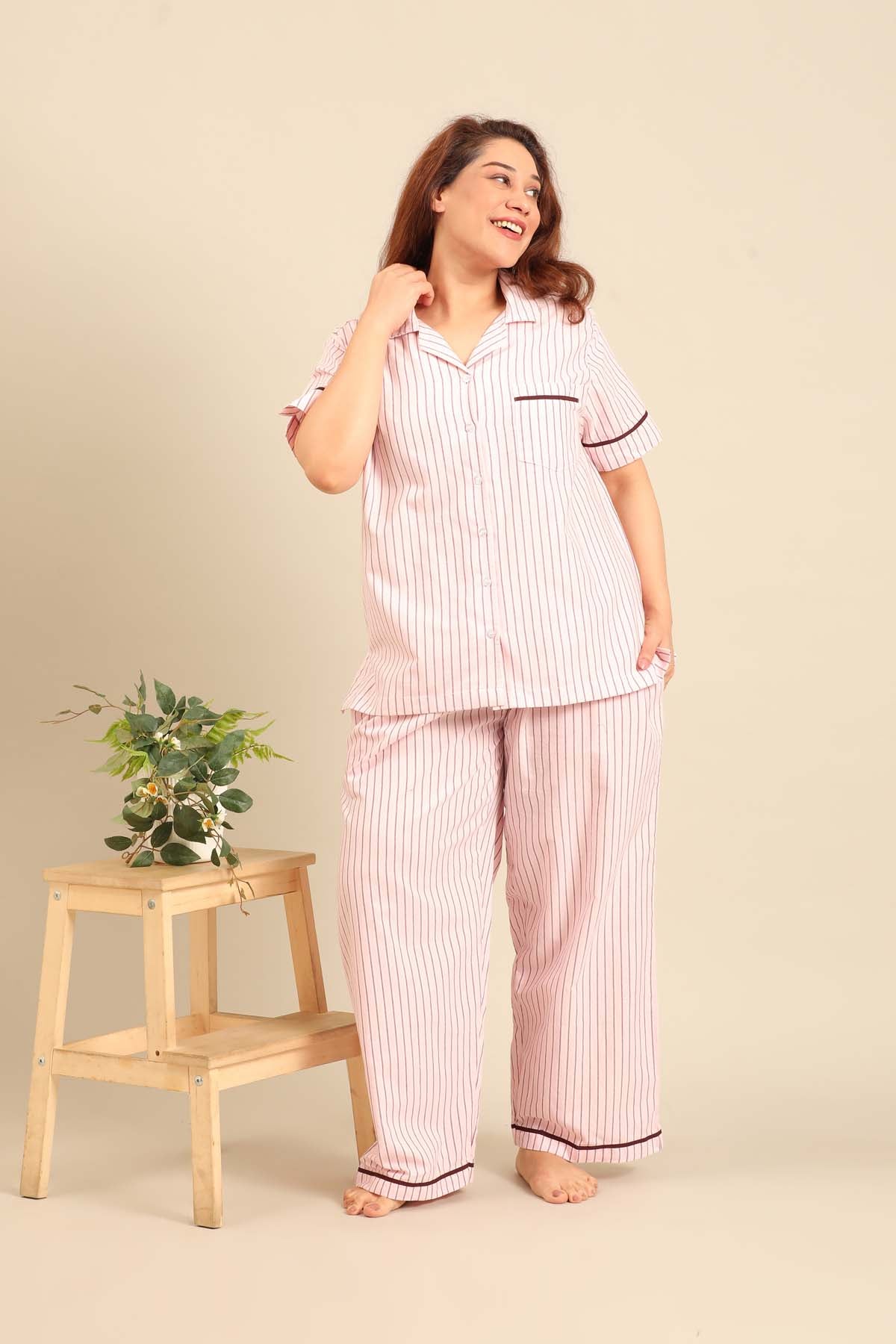 Vivian Stripe Cotton Women's Curve Pajama Set - Half Sleeves
