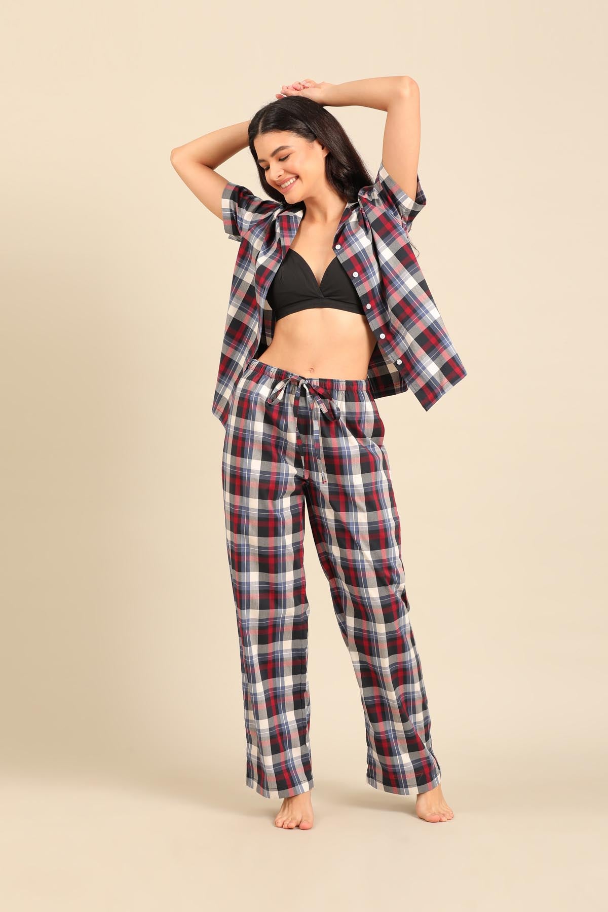 Leah Check Cotton Women's Pajama Set - Half Sleeves