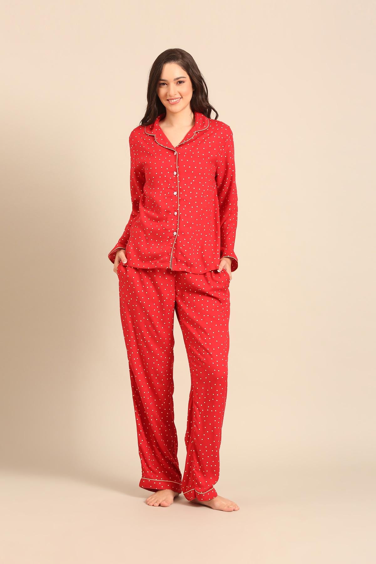 Minnie Polka Viscose Women's Pajama Set - Full Sleeves
