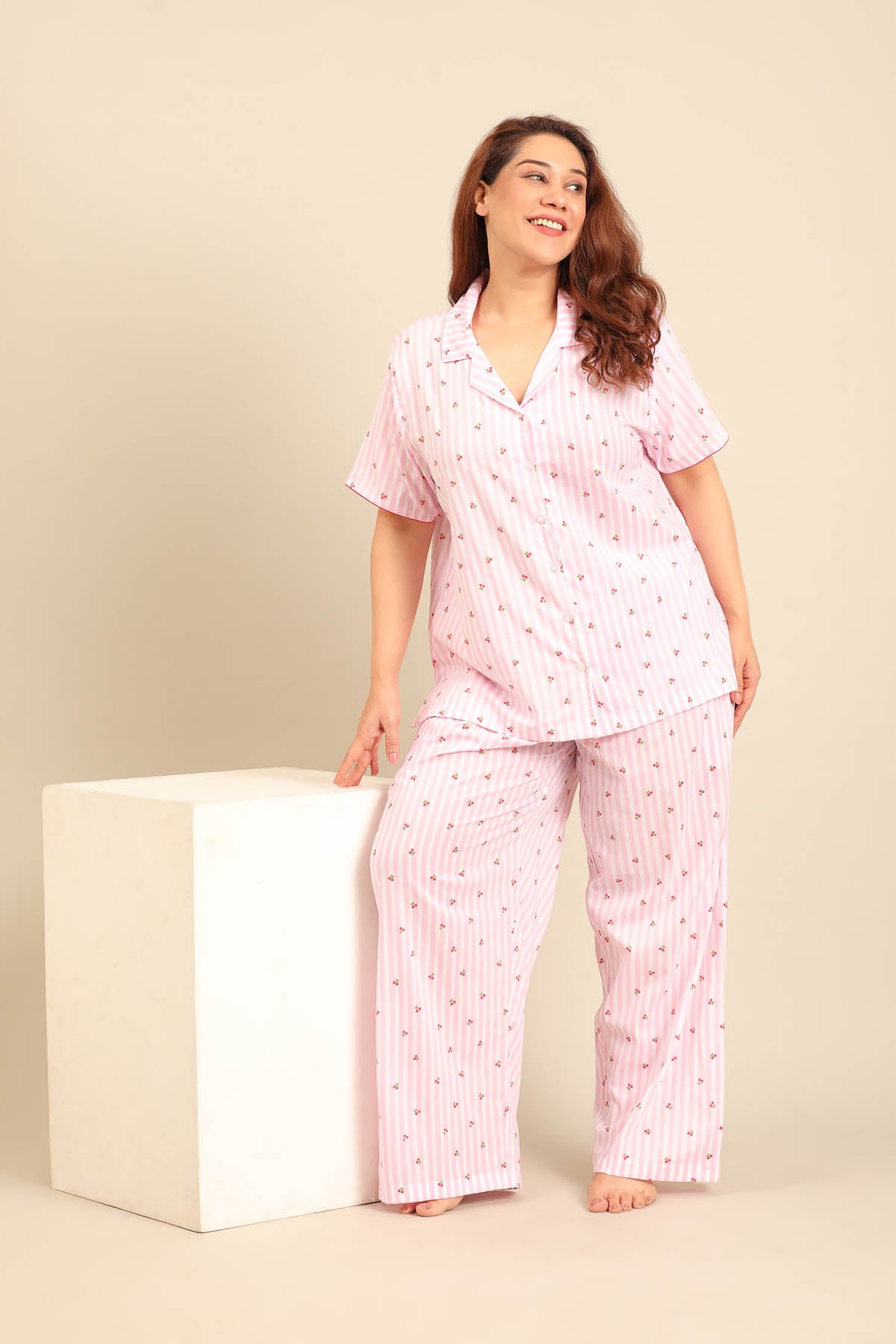 Cherry Stripe Cotton Women's Curve Pajama Set - Half Sleeves