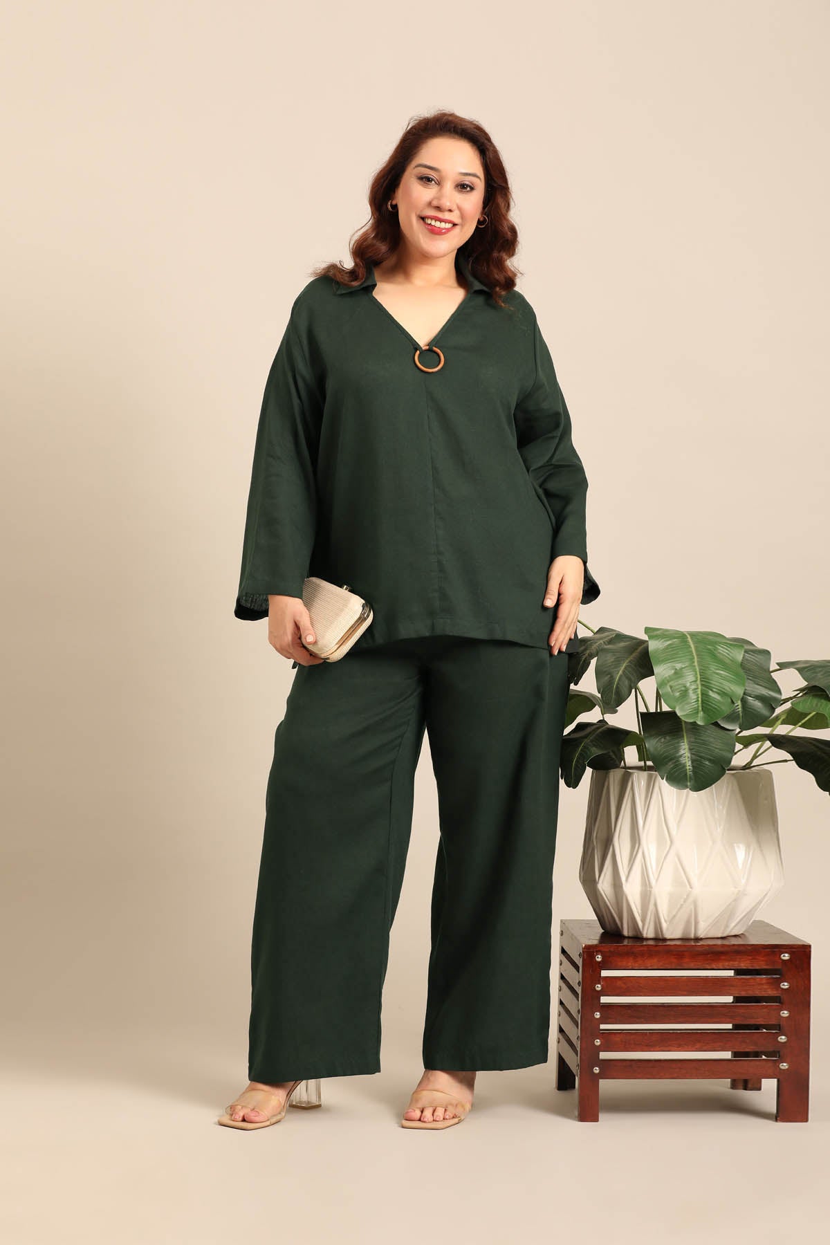 Tessa Forest Green Linen Blend Women's Co-ord Set