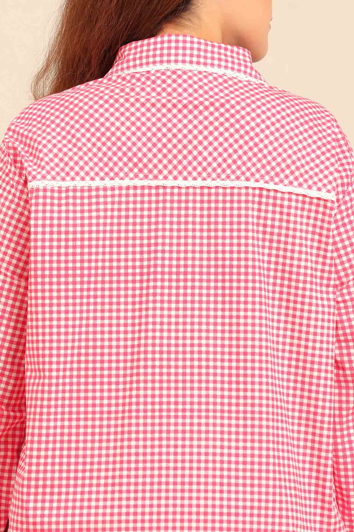 Red Gingham Check Cotton Blend Women's Curve Shorts Set - Full Sleeves